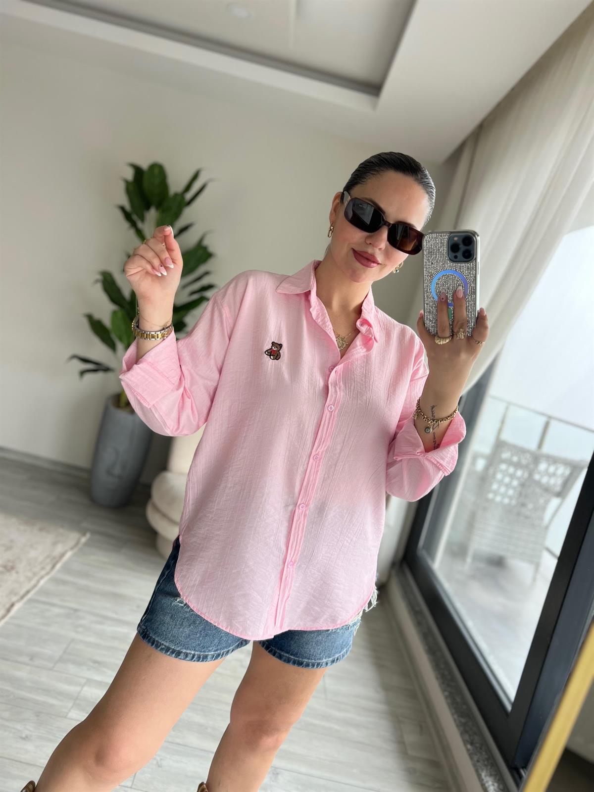 8047 Ayıcık İşlemeli Gömlek PEMBE