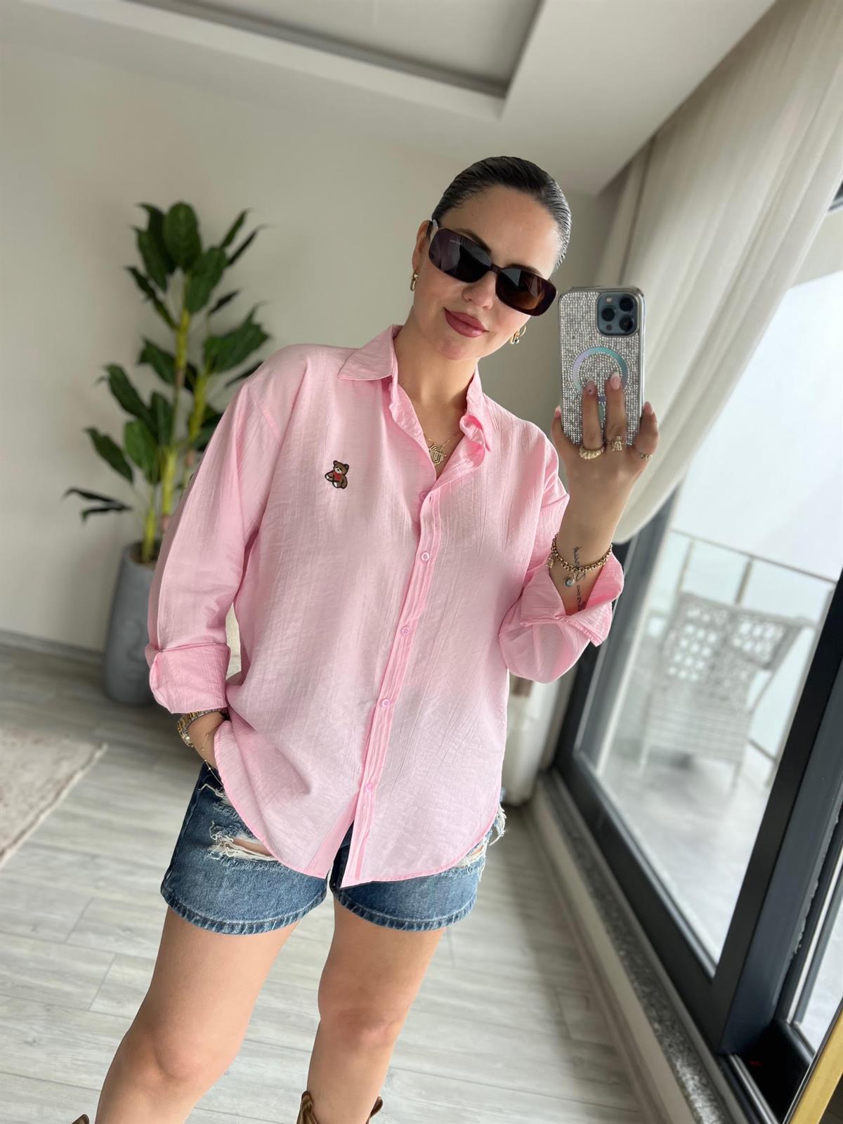 8047 Ayıcık İşlemeli Gömlek PEMBE