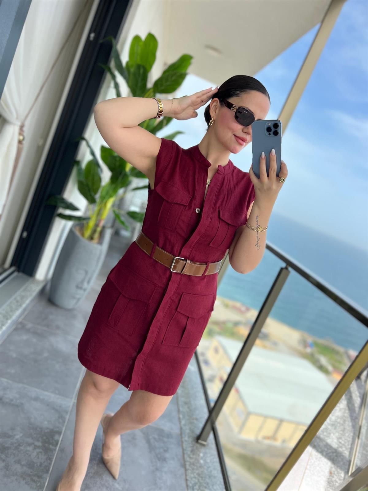 8100 Keten Safari Elbise BORDO