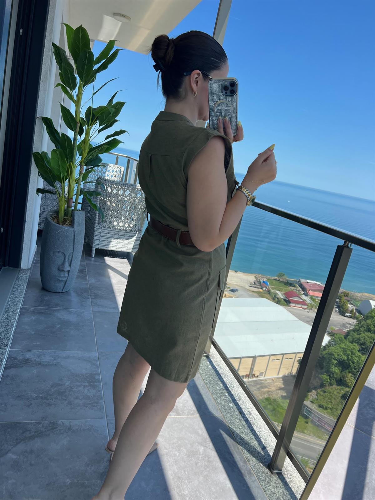 8100 Keten Safari Elbise HAKİ YEŞİL