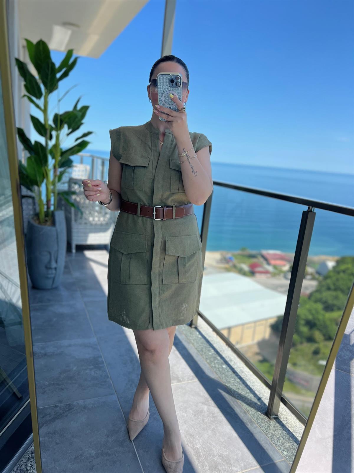 8100 Keten Safari Elbise HAKİ YEŞİL
