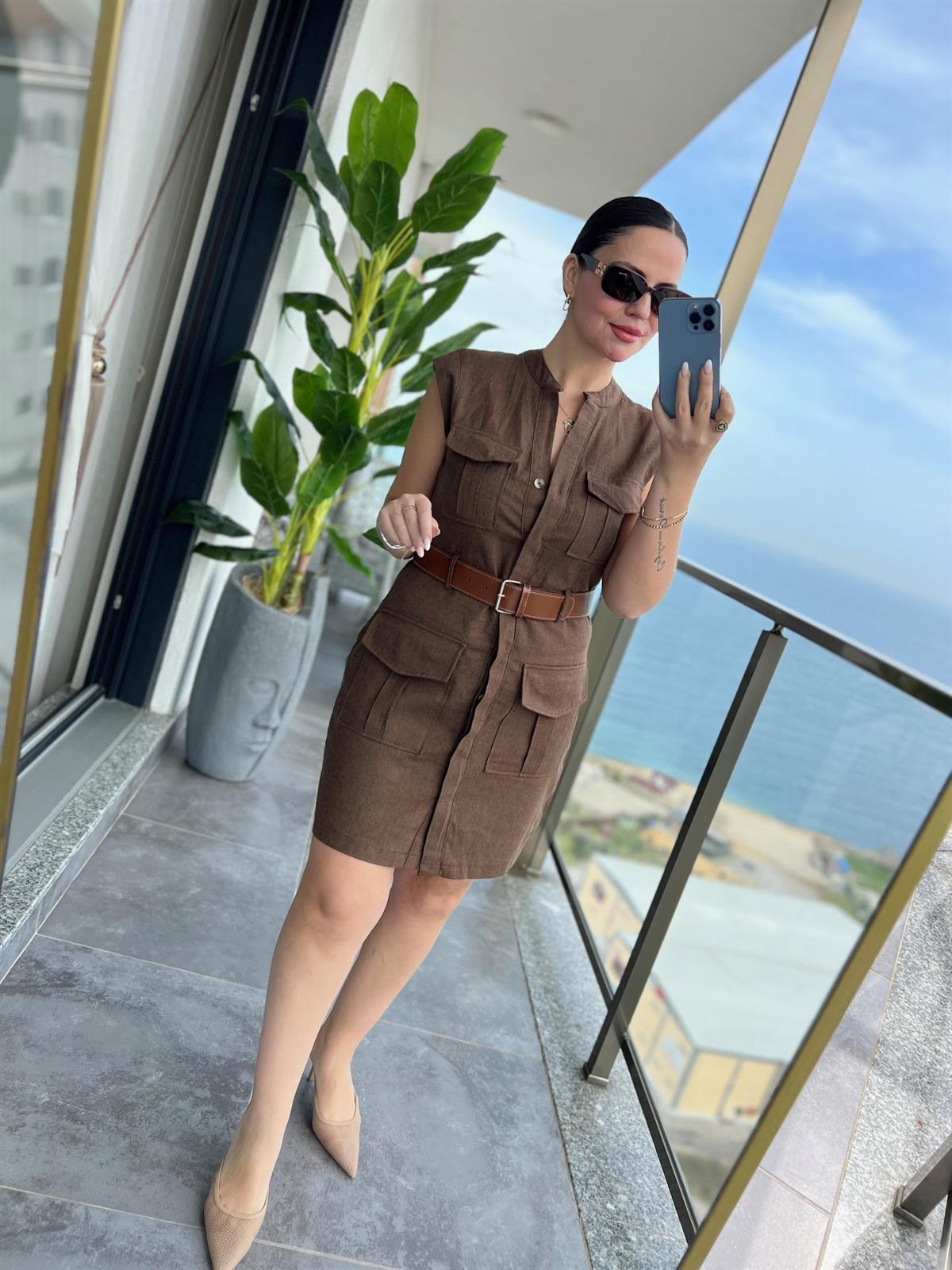8100 Keten Safari Elbise KAHVE