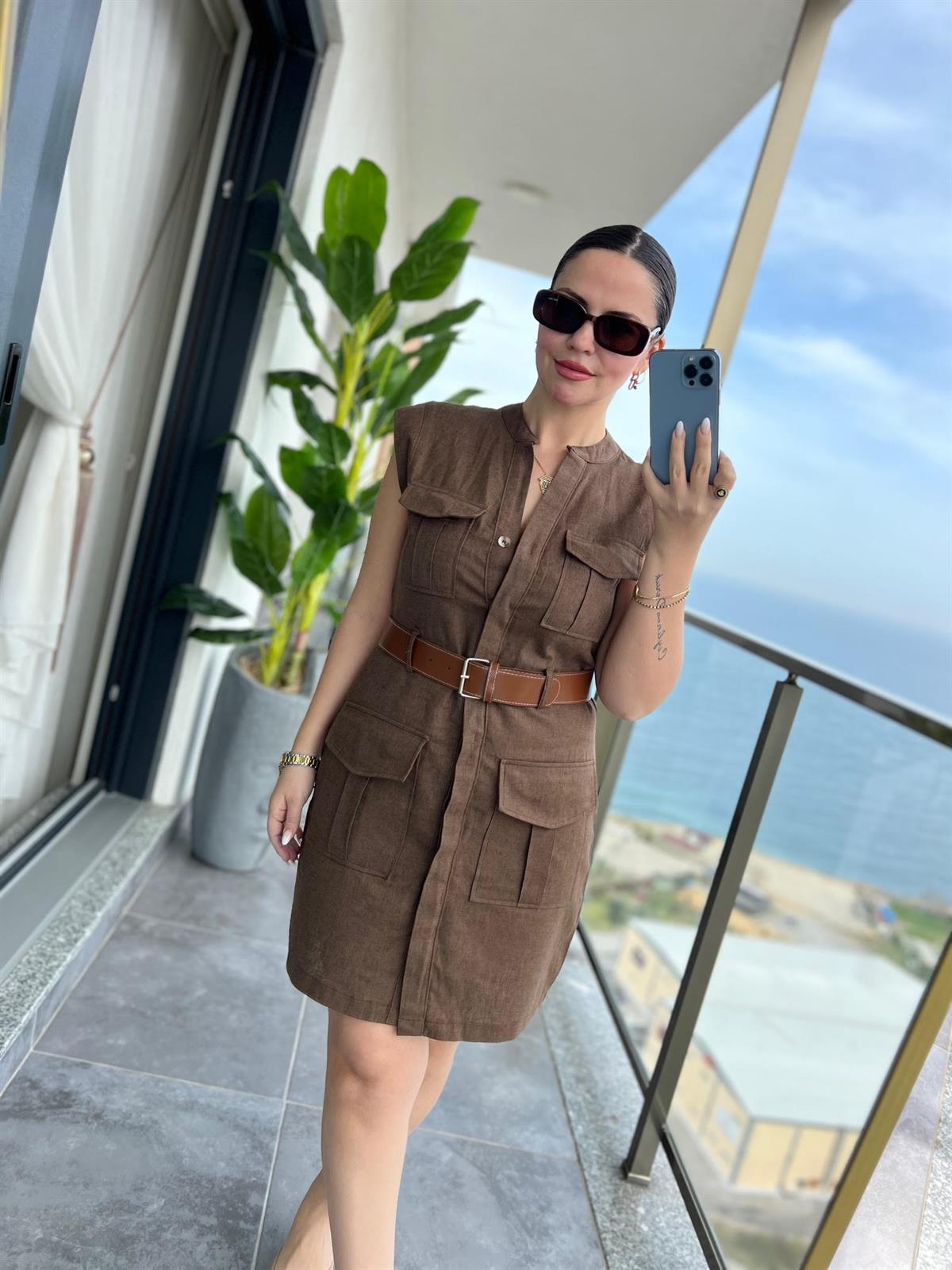 8100 Keten Safari Elbise KAHVE