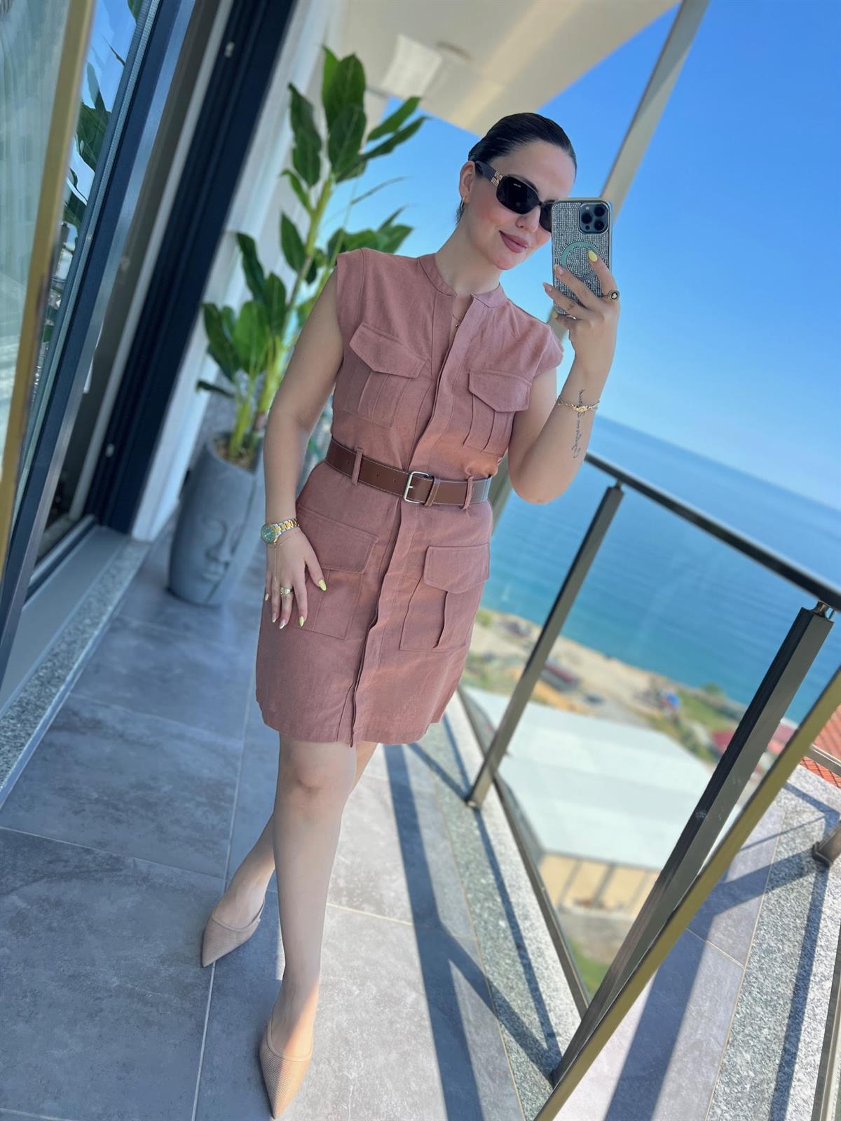 8100 Keten Safari Elbise TARÇIN