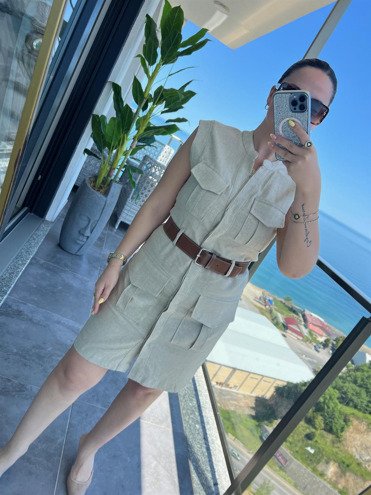 8100 Keten Safari Elbise TAŞ