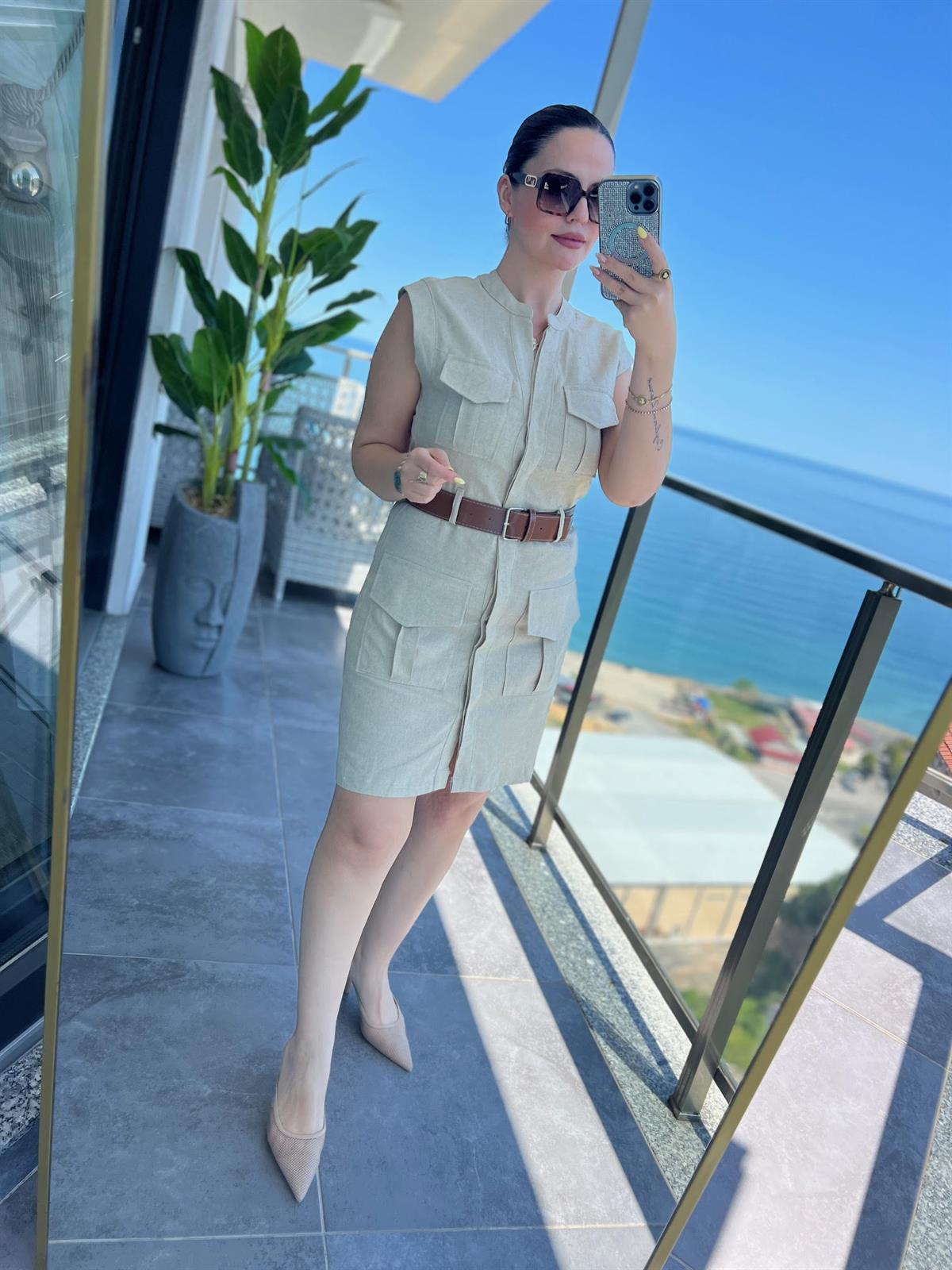 8100 Keten Safari Elbise TAŞ