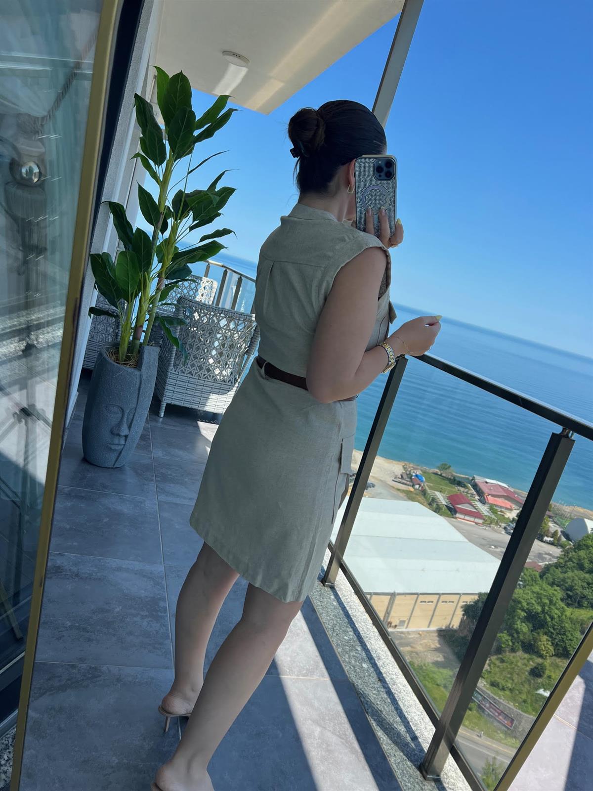 8100 Keten Safari Elbise TAŞ