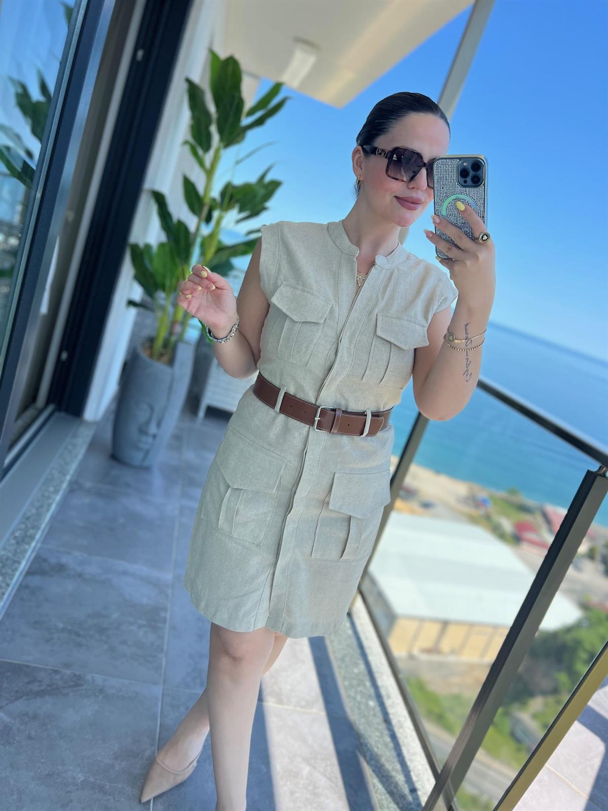 8100 Keten Safari Elbise TAŞ