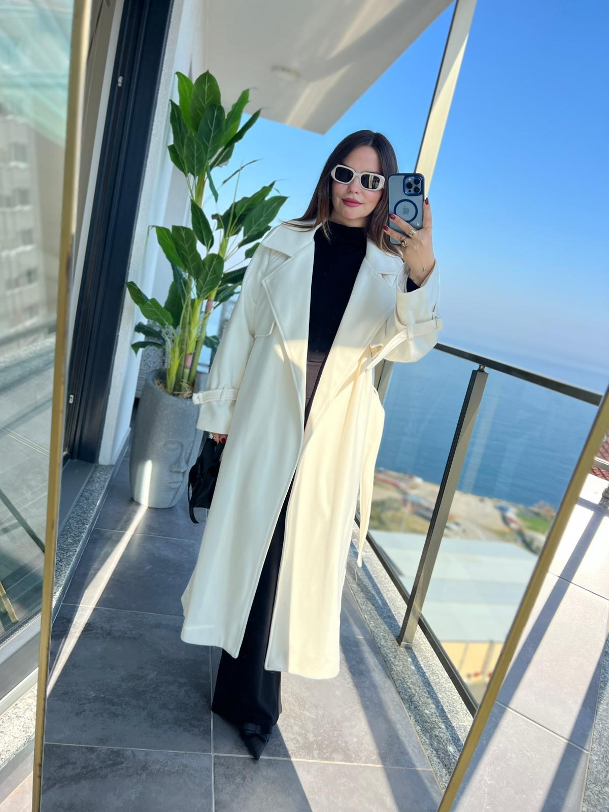 8102 Rüzgarlıklı Uzun Kaşe Kaban KREM