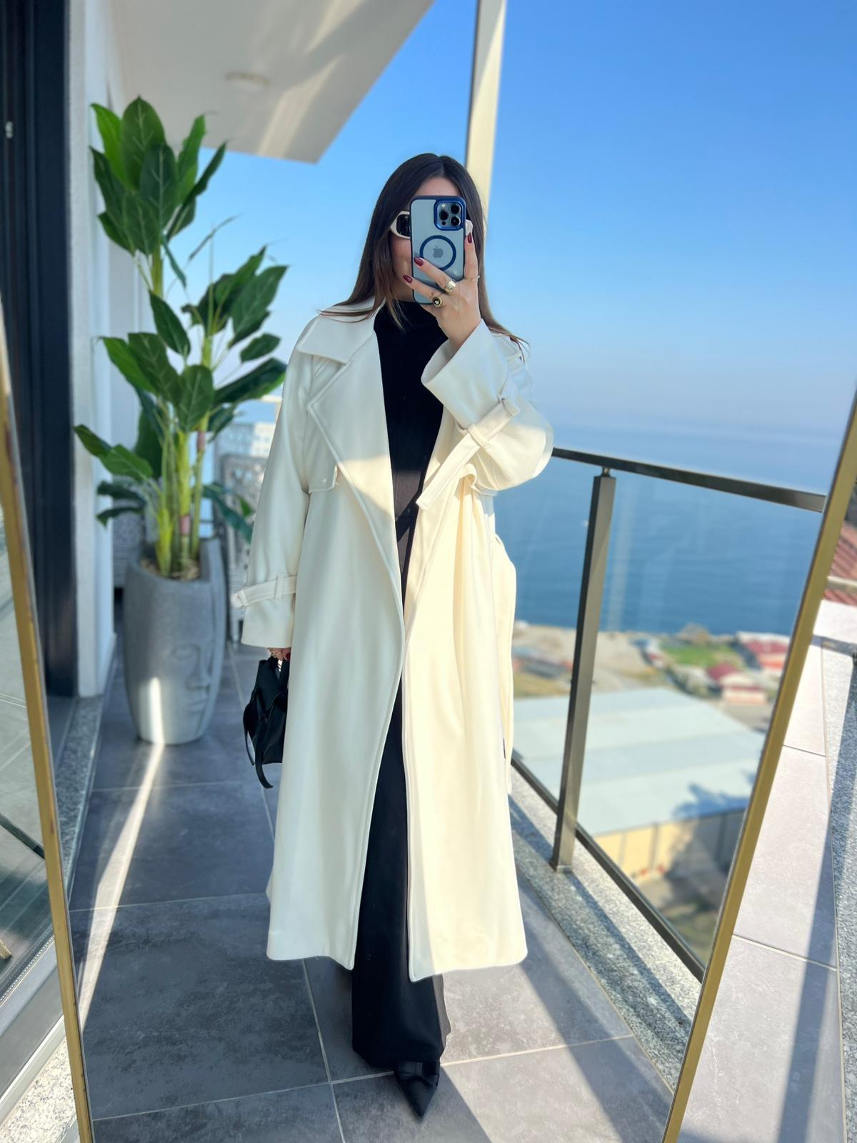 8102 Rüzgarlıklı Uzun Kaşe Kaban KREM