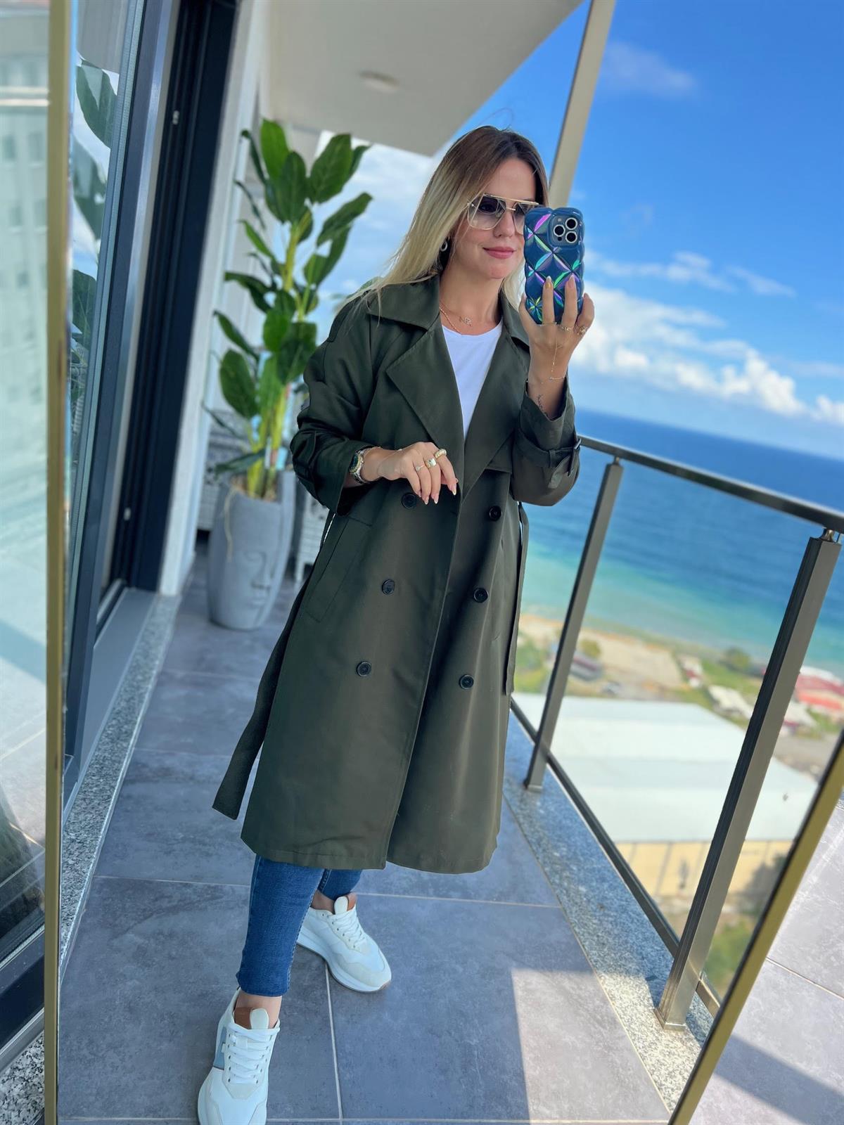8118 Ön Aller Detay Kuvaze Trençkot HAKİ YEŞİL