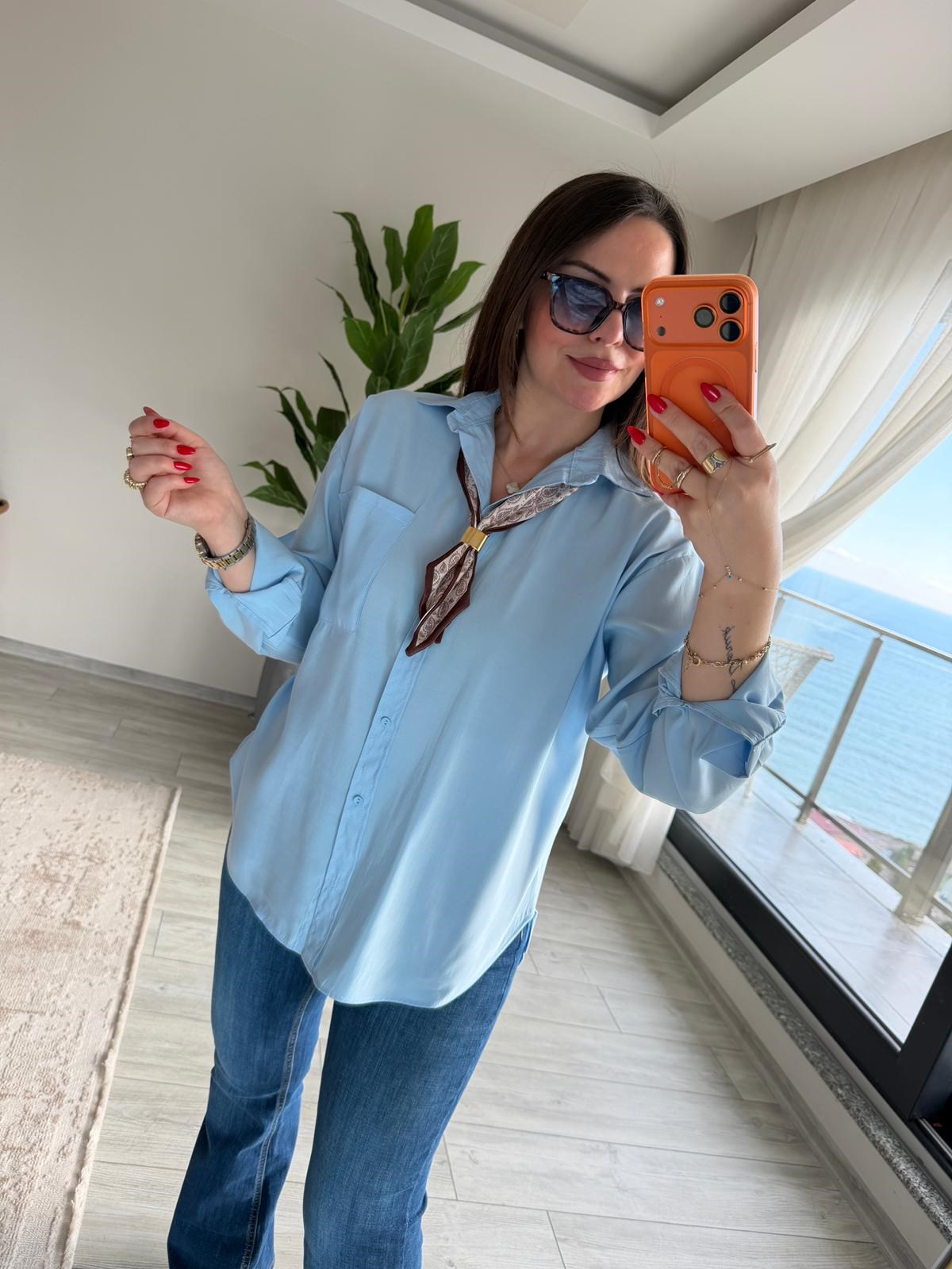8410 Şal Flar Detaylı Gömlek MAVİ