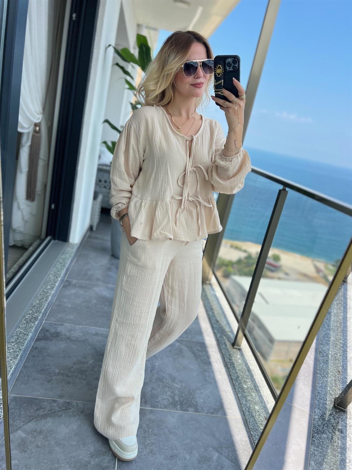 8666 Bağlamalı Gömlek Pantalon Takım BEJ