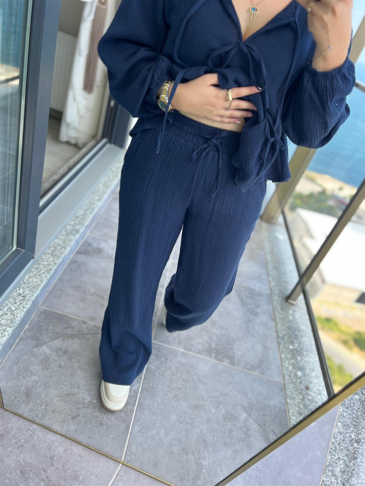 8666 Bağlamalı Gömlek Pantalon Takım LACİVERT