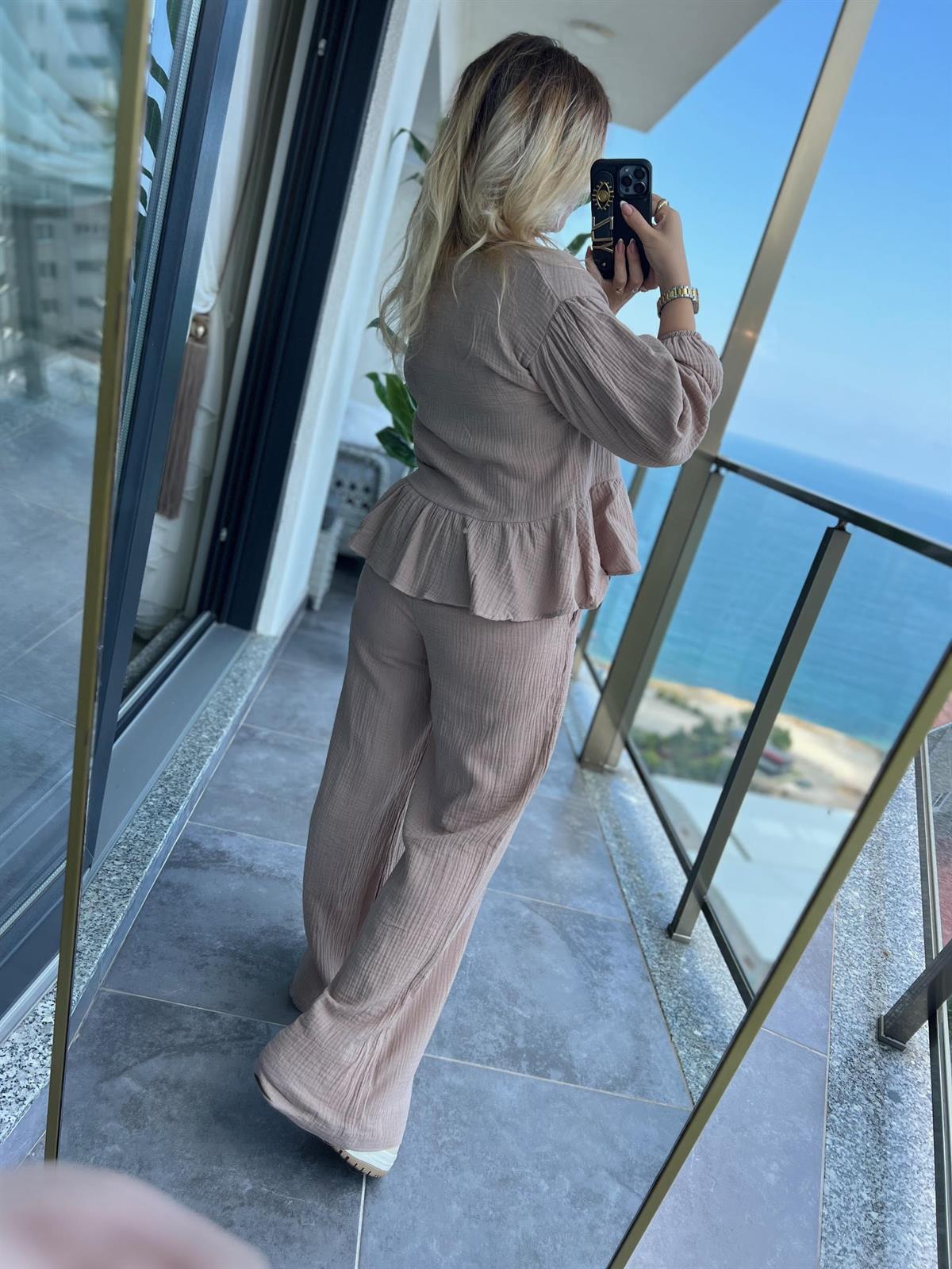 8666 Bağlamalı Gömlek Pantalon Takım VİZON