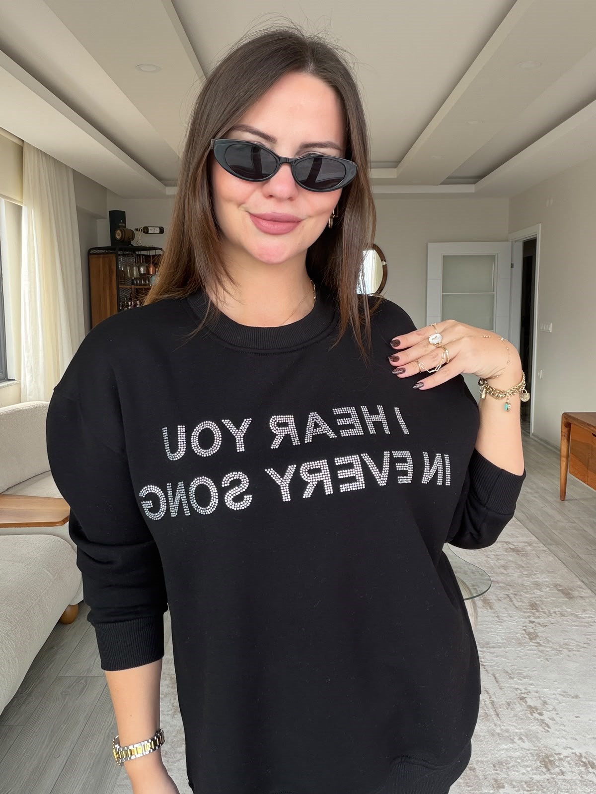 8733 Taşlı Yazılı Sweat SİYAH