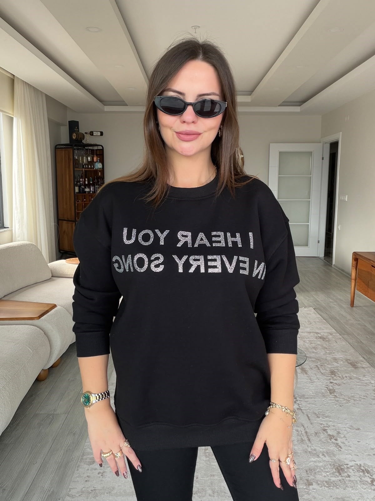 8733 Taşlı Yazılı Sweat SİYAH
