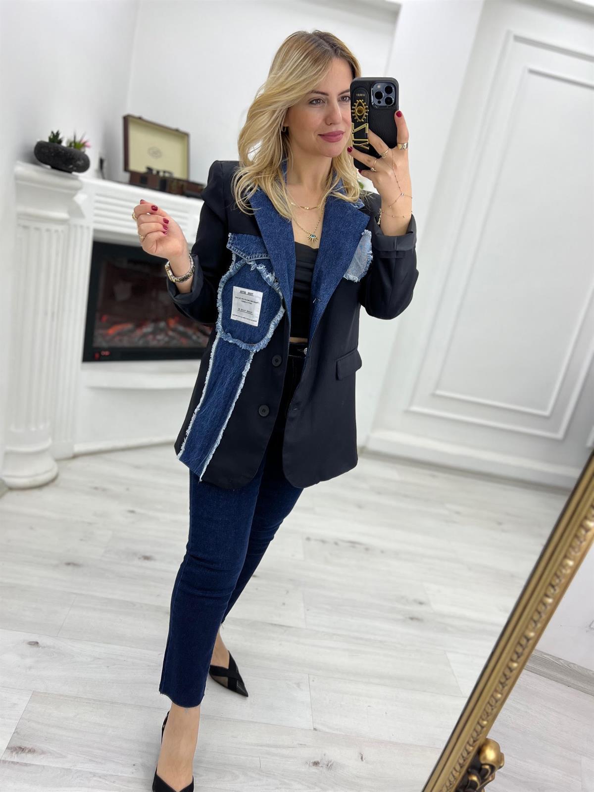 88619 Jean Detaylı Ceket SİYAH