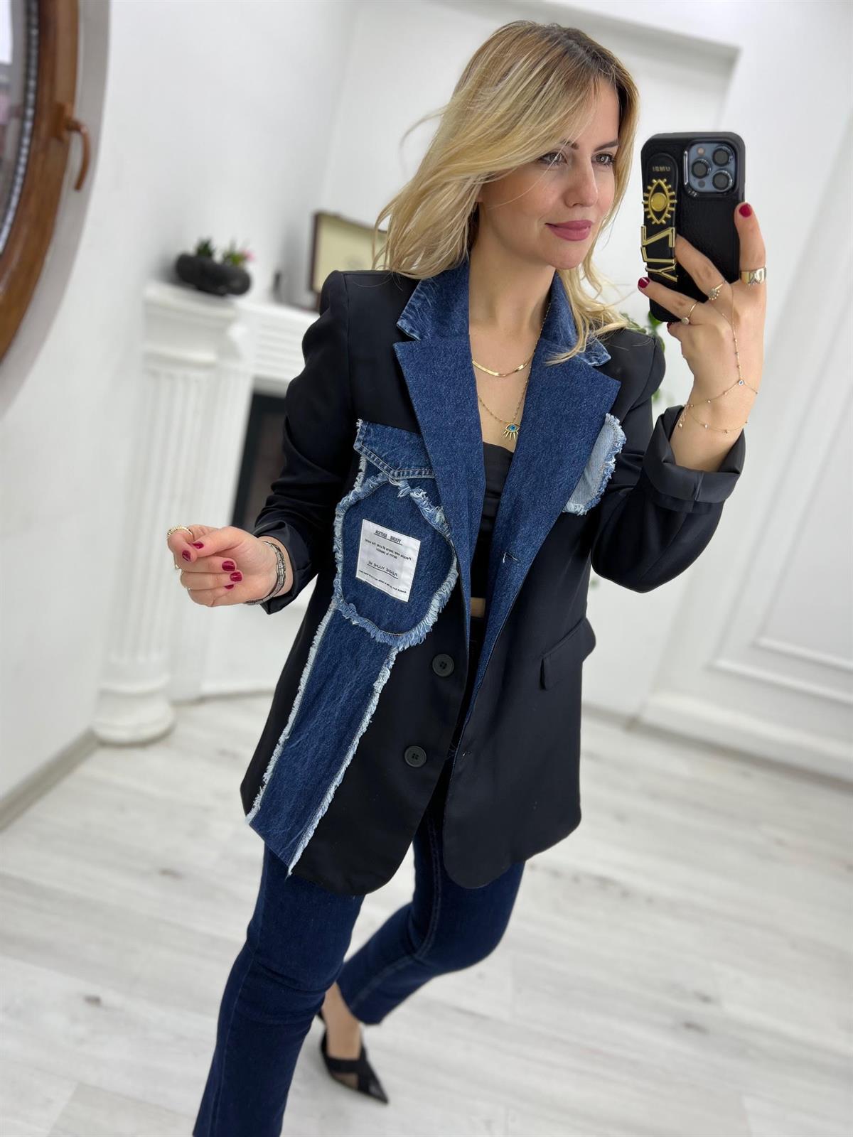 88619 Jean Detaylı Ceket SİYAH