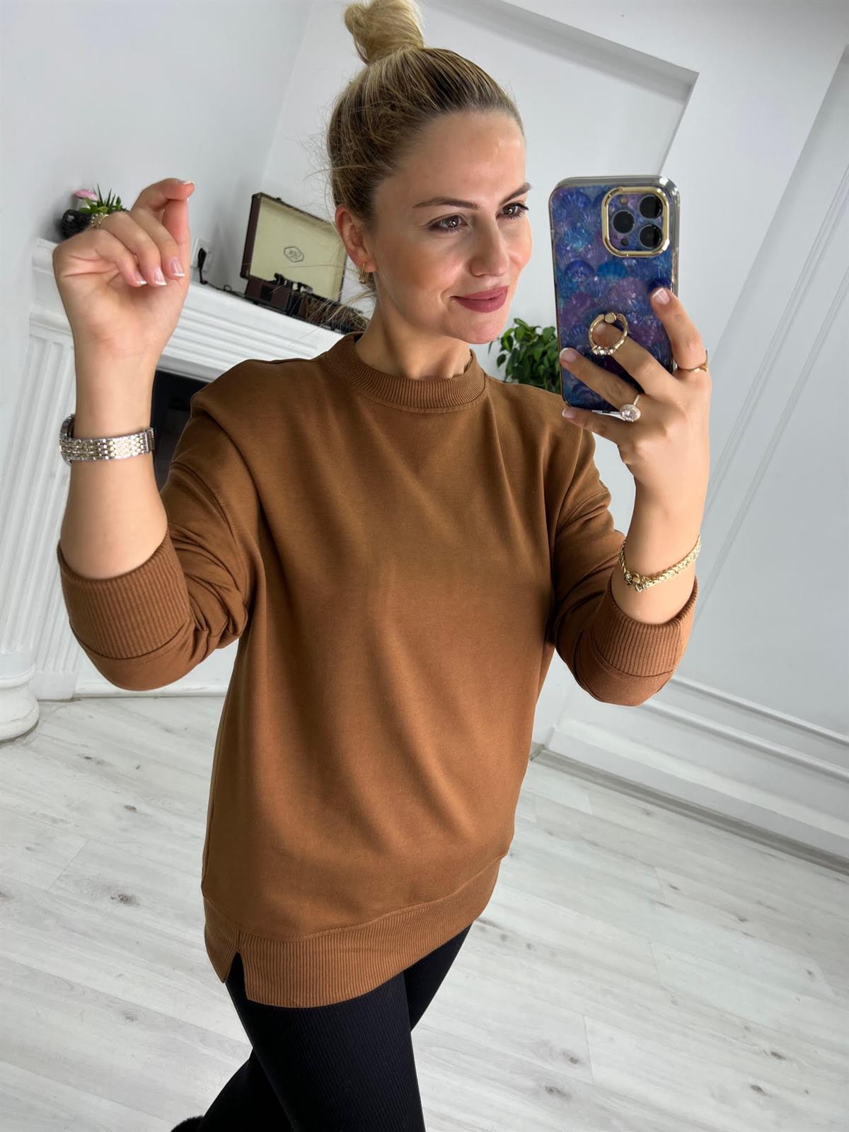 9002 Mari Düz Sweat KAHVE