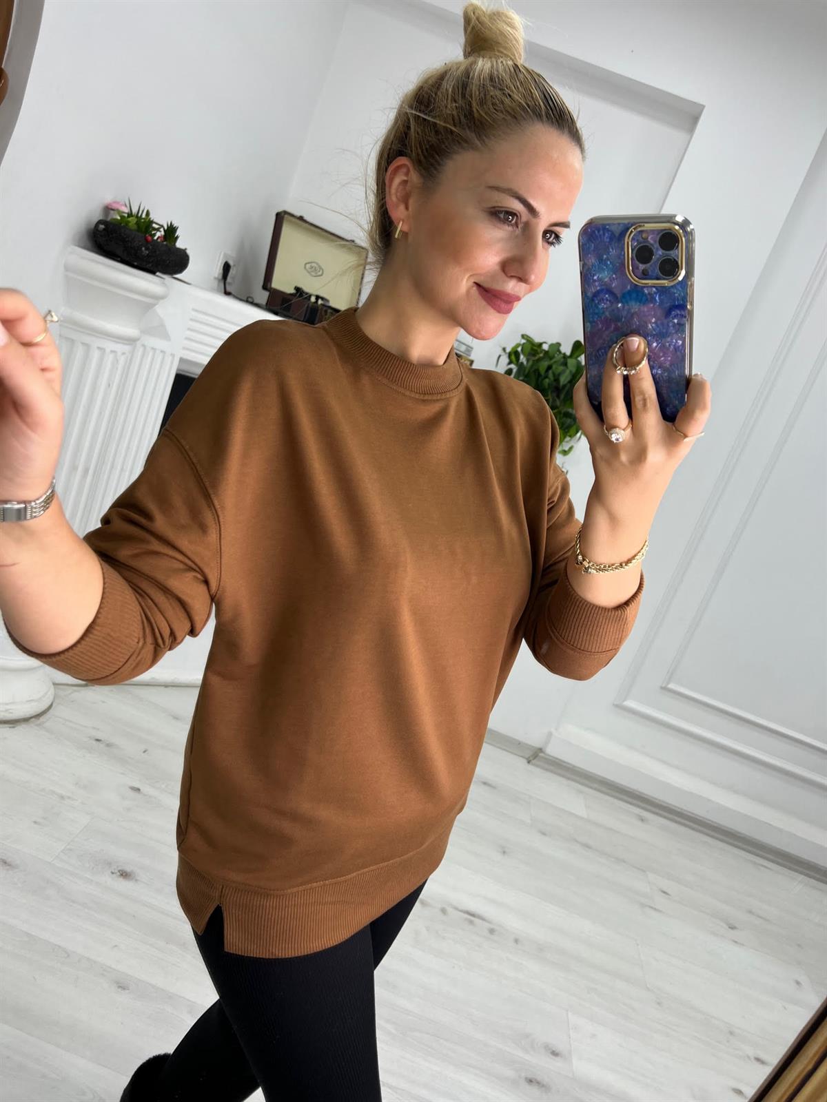 9002 Mari Düz Sweat KAHVE