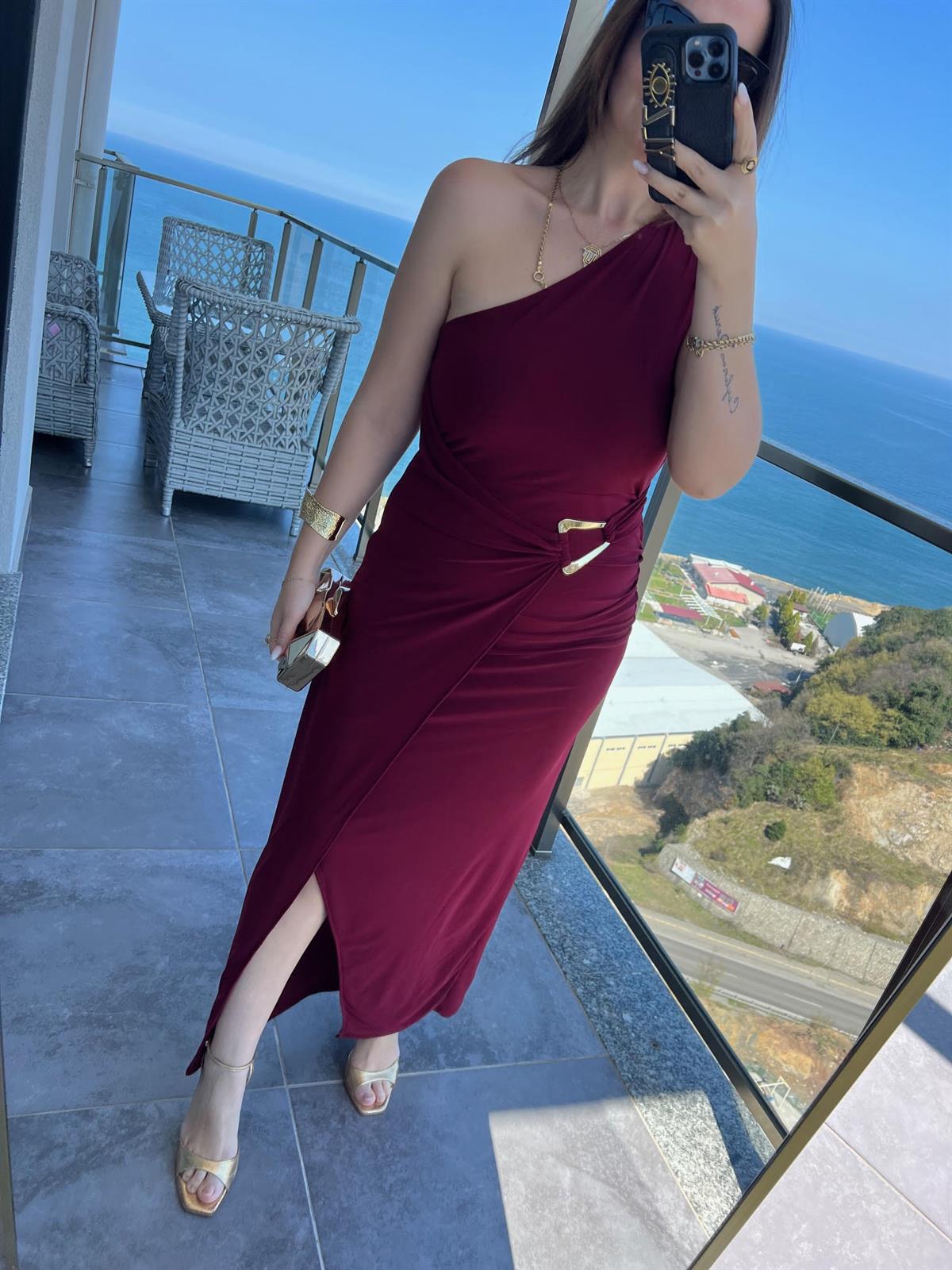 9030 Tek Omuz Sandy Elbise BORDO