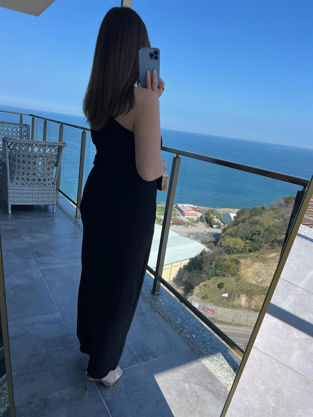9030 Tek Omuz Sandy Elbise SİYAH