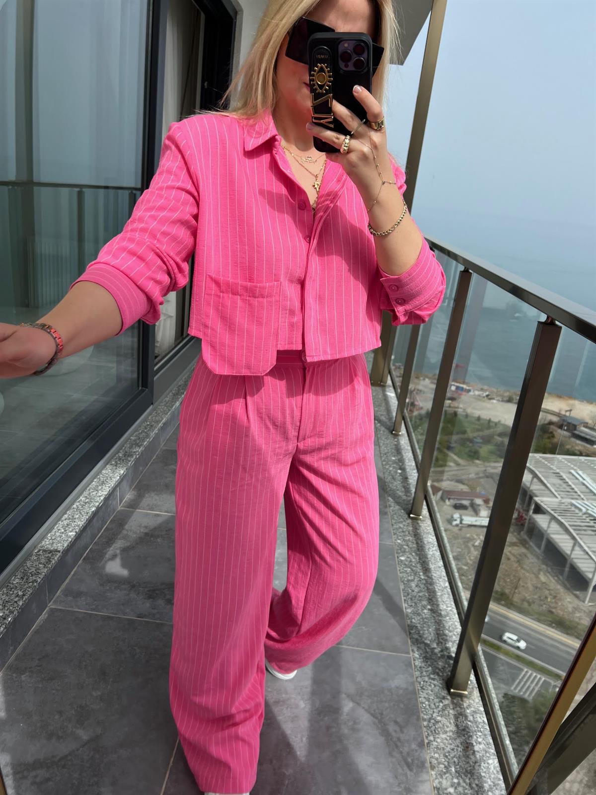 9128 Çizgili Keten Takım PEMBE