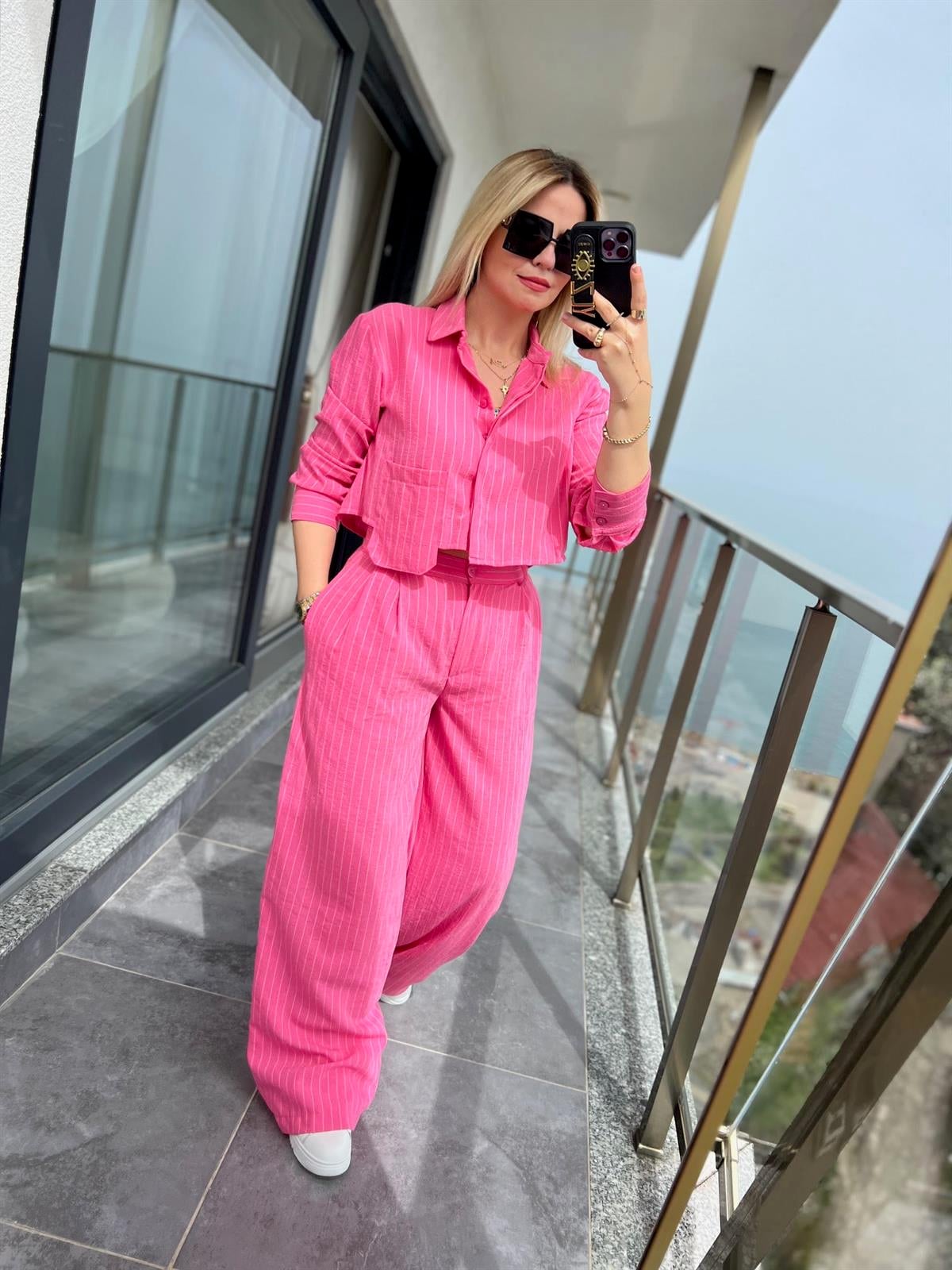 9128 Çizgili Keten Takım PEMBE