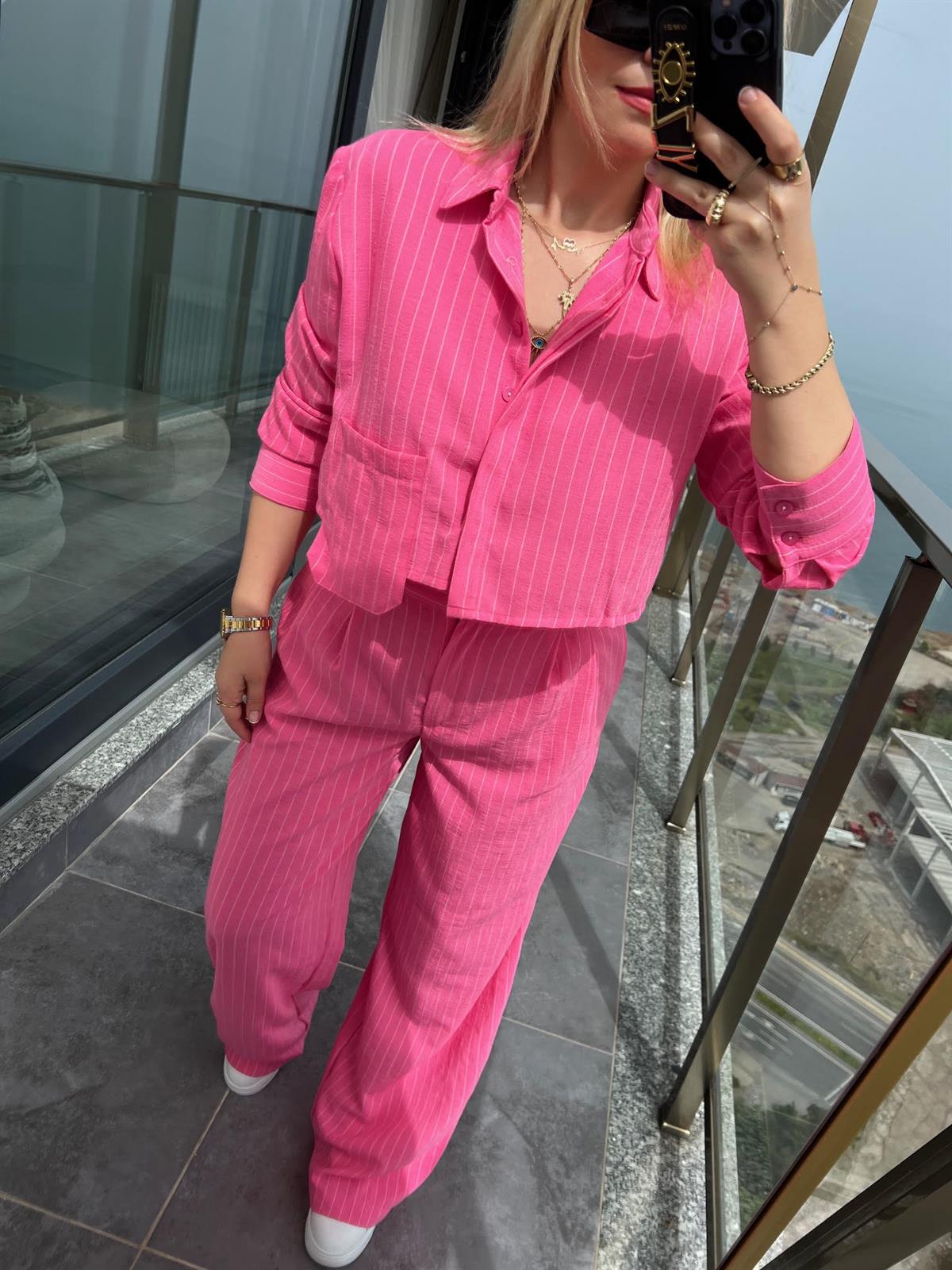 9128 Çizgili Keten Takım PEMBE