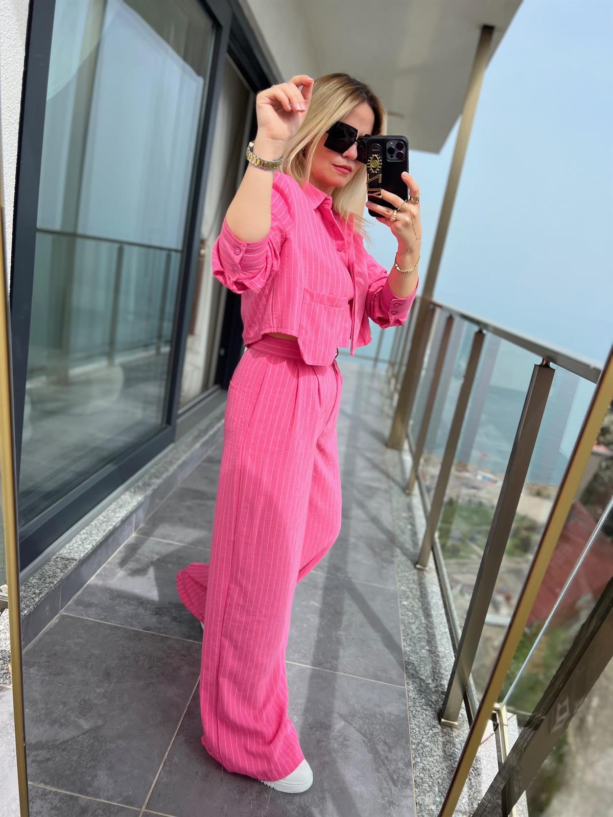 9128 Çizgili Keten Takım PEMBE