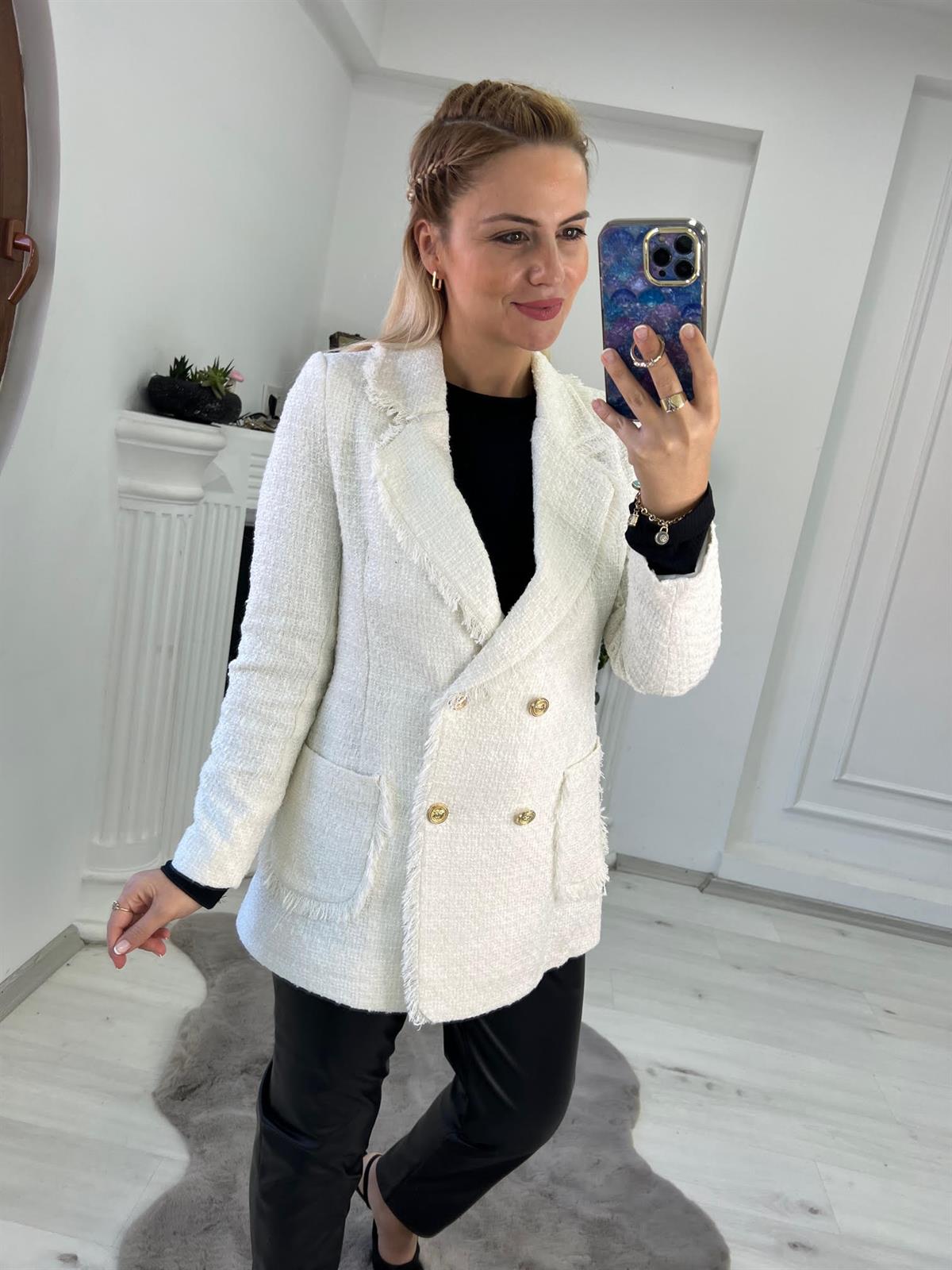 9172 Püsküllü Ceket BEYAZ