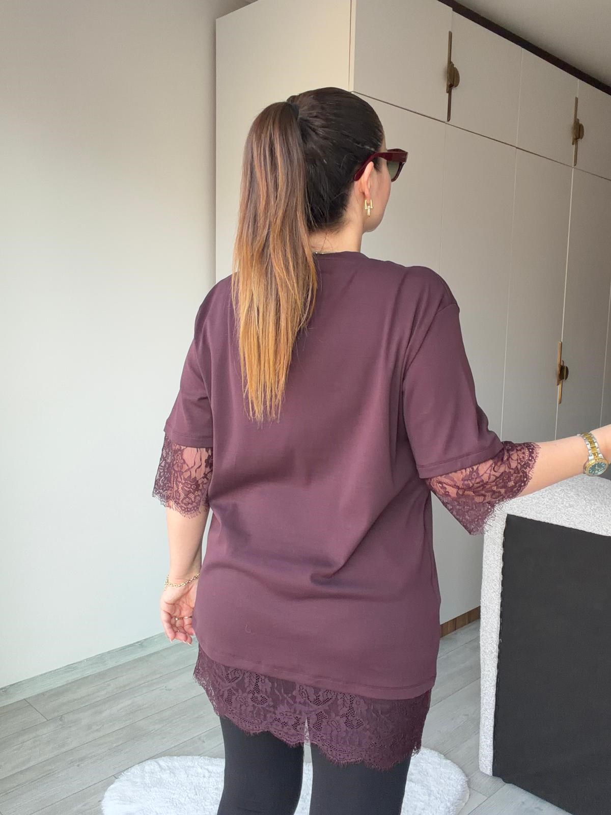 940 Kol Etek Ucu Dantel Bluz MÜRDÜM