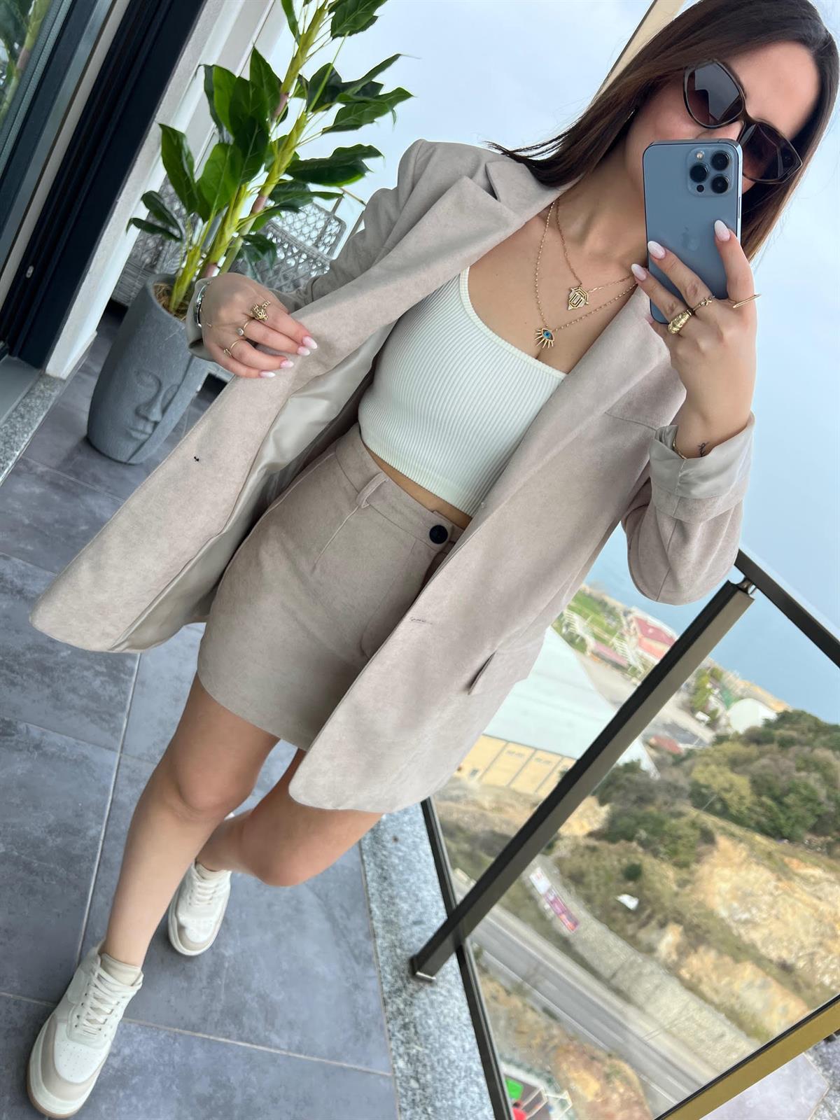 9487 Mini Etekli Ceket Takım VİZON