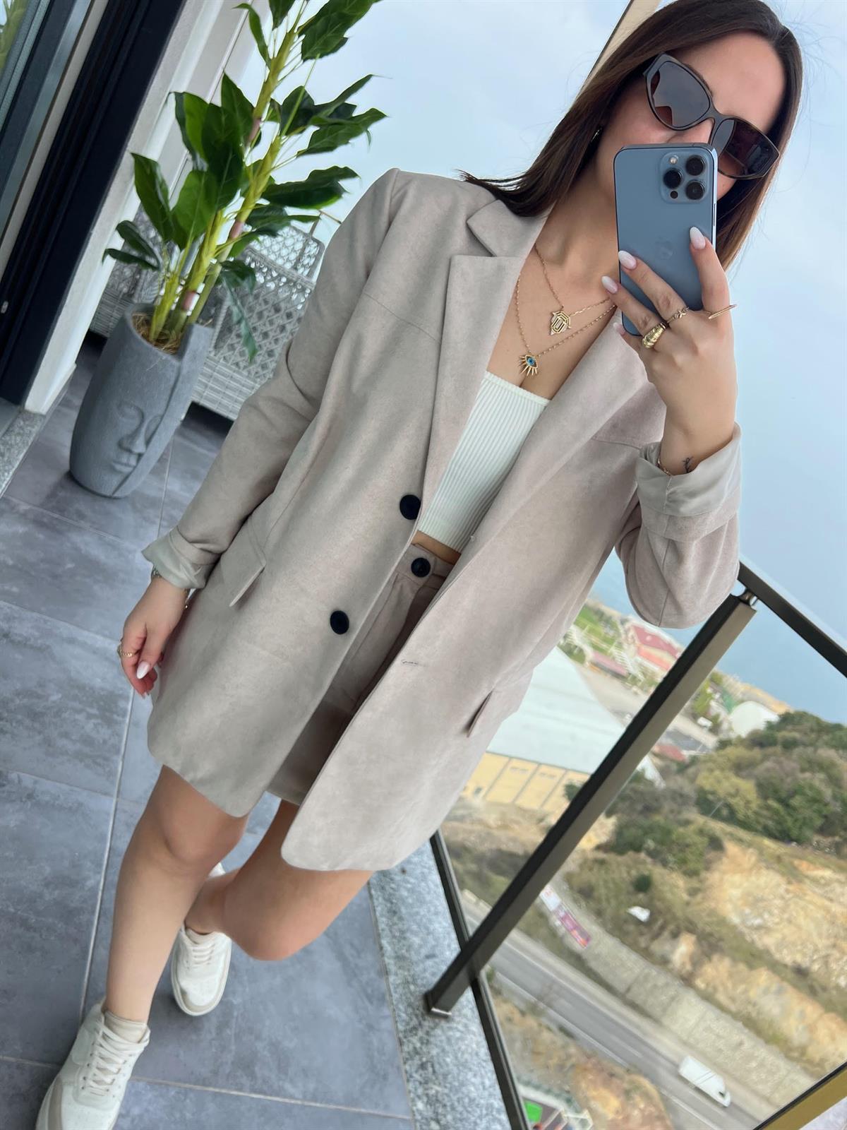 9487 Mini Etekli Ceket Takım VİZON