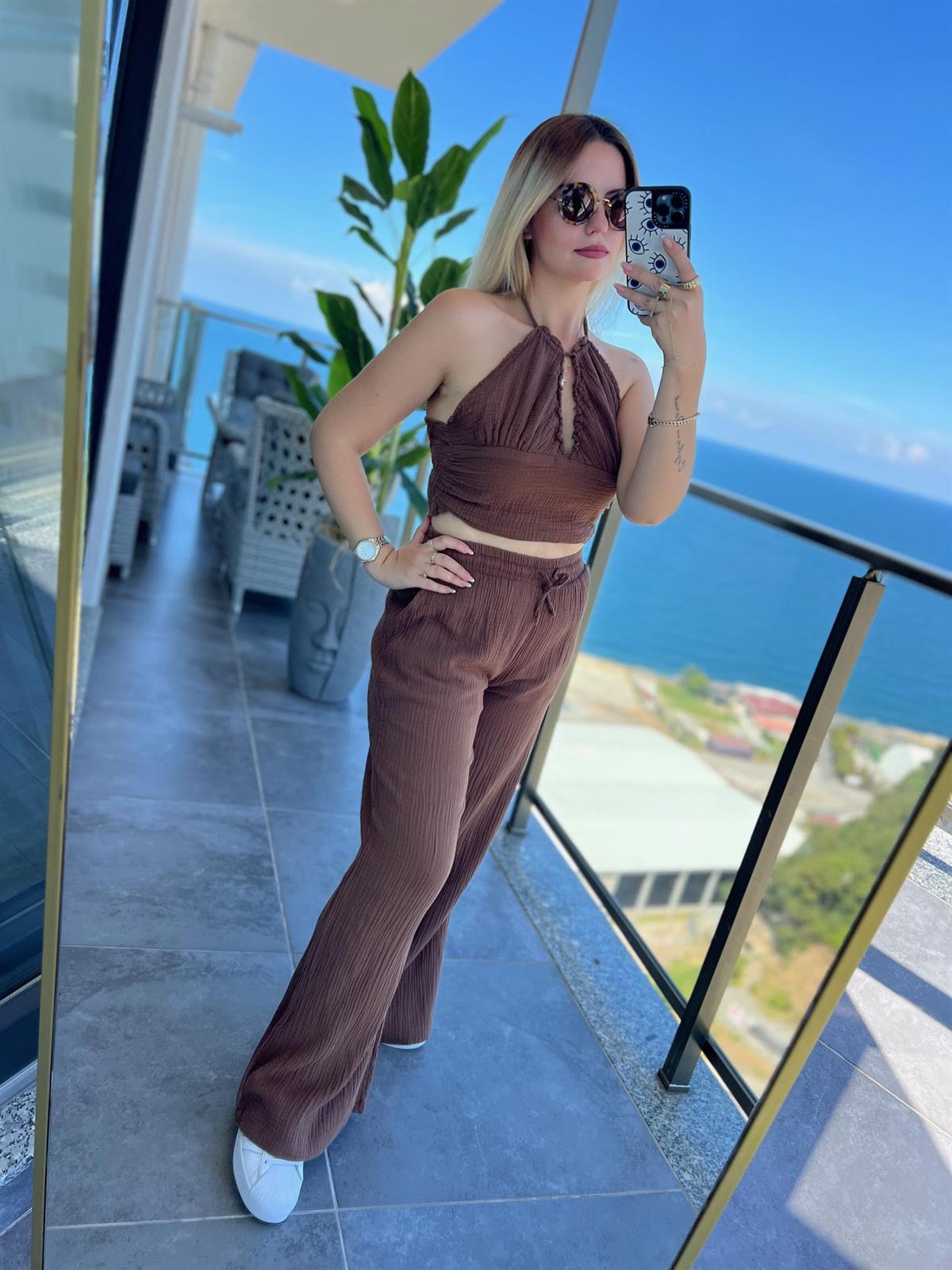98658 Crop Pantolon Yakım KAHVE