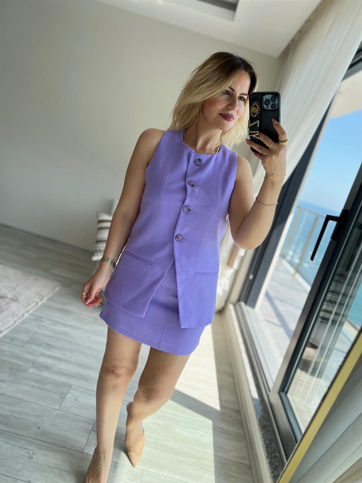 98689 Keten Yelekli Etek Takım MOR