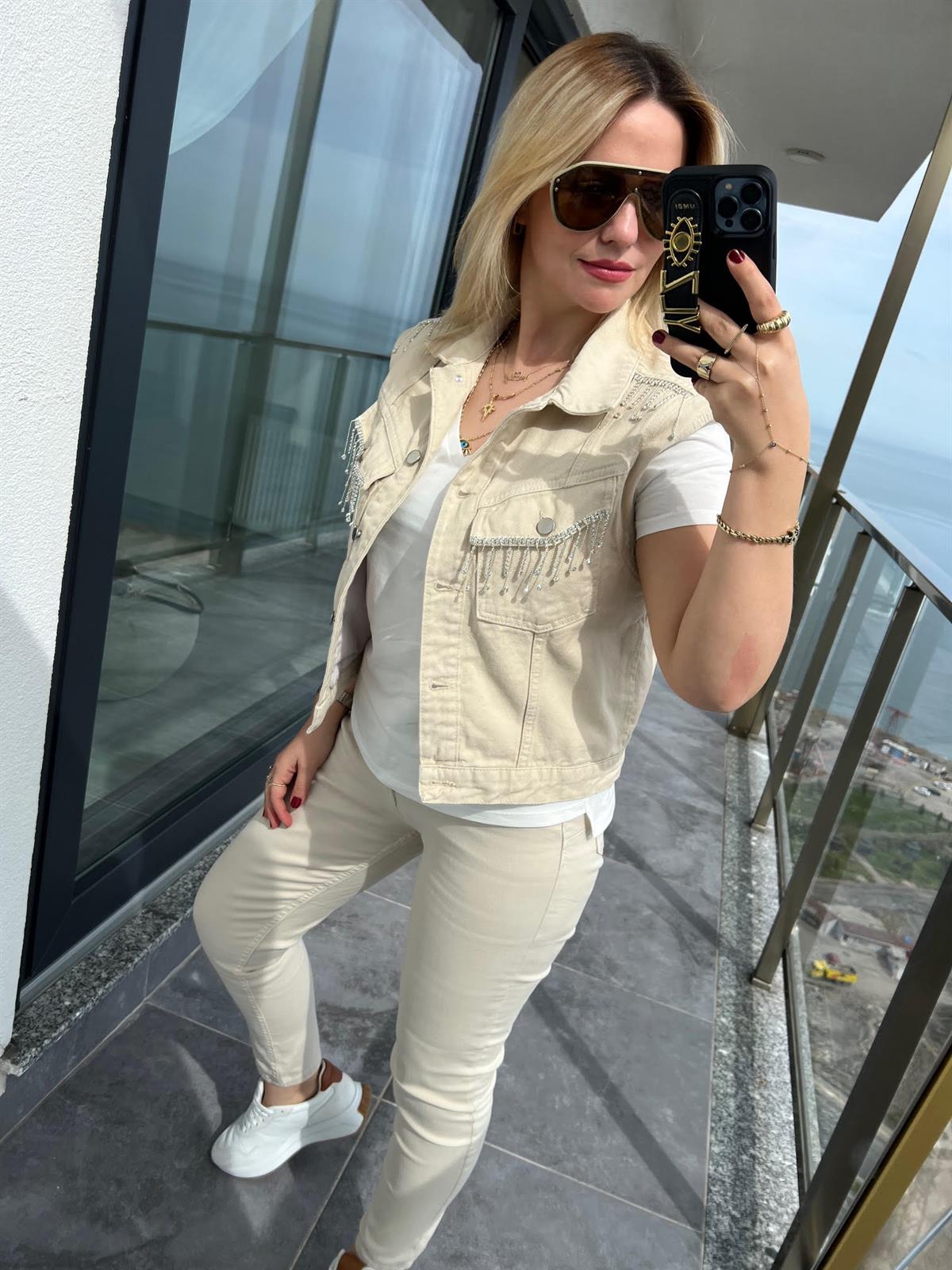 99022 Taşlı Kot Ceket EKRU
