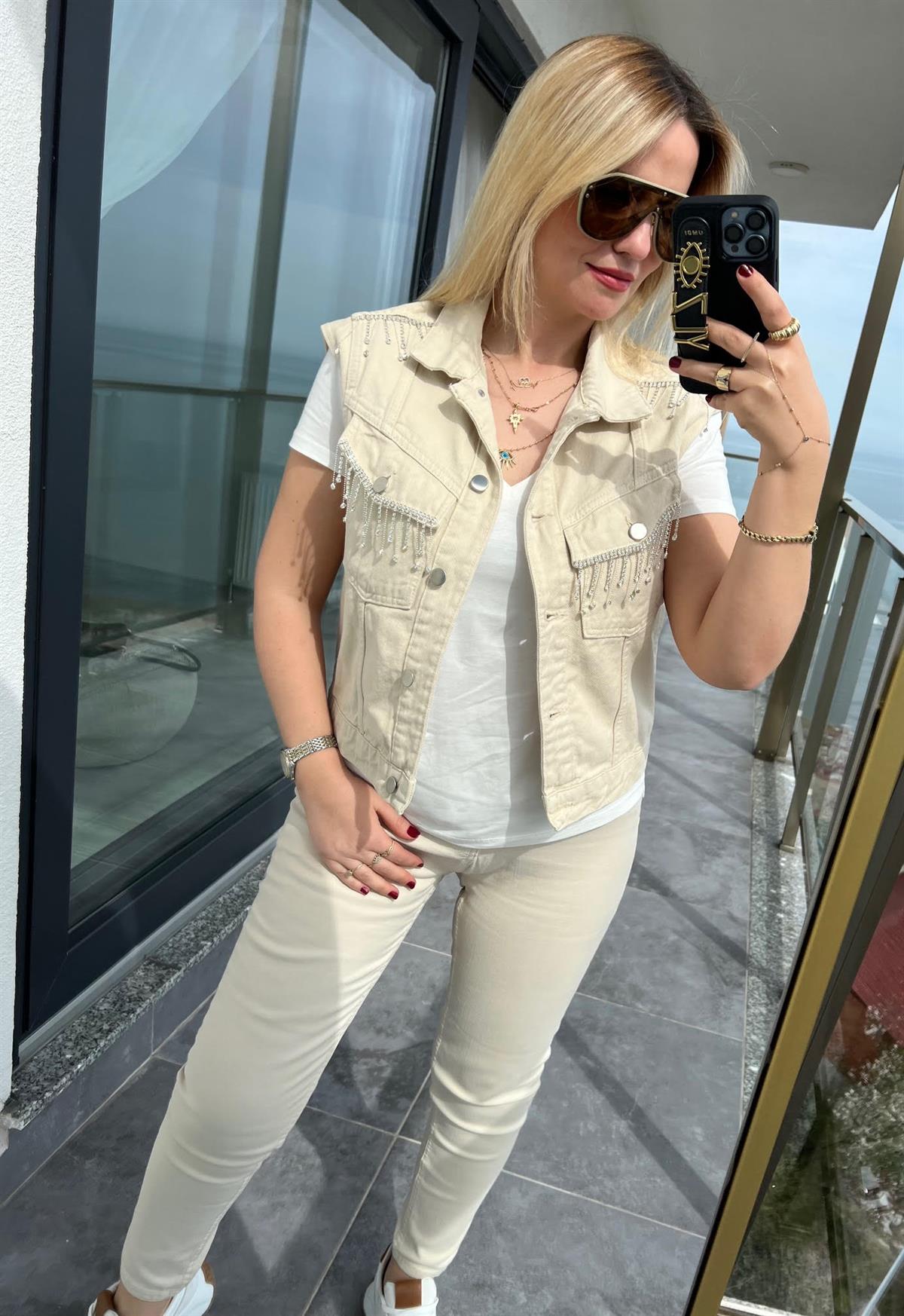 99022 Taşlı Kot Ceket EKRU