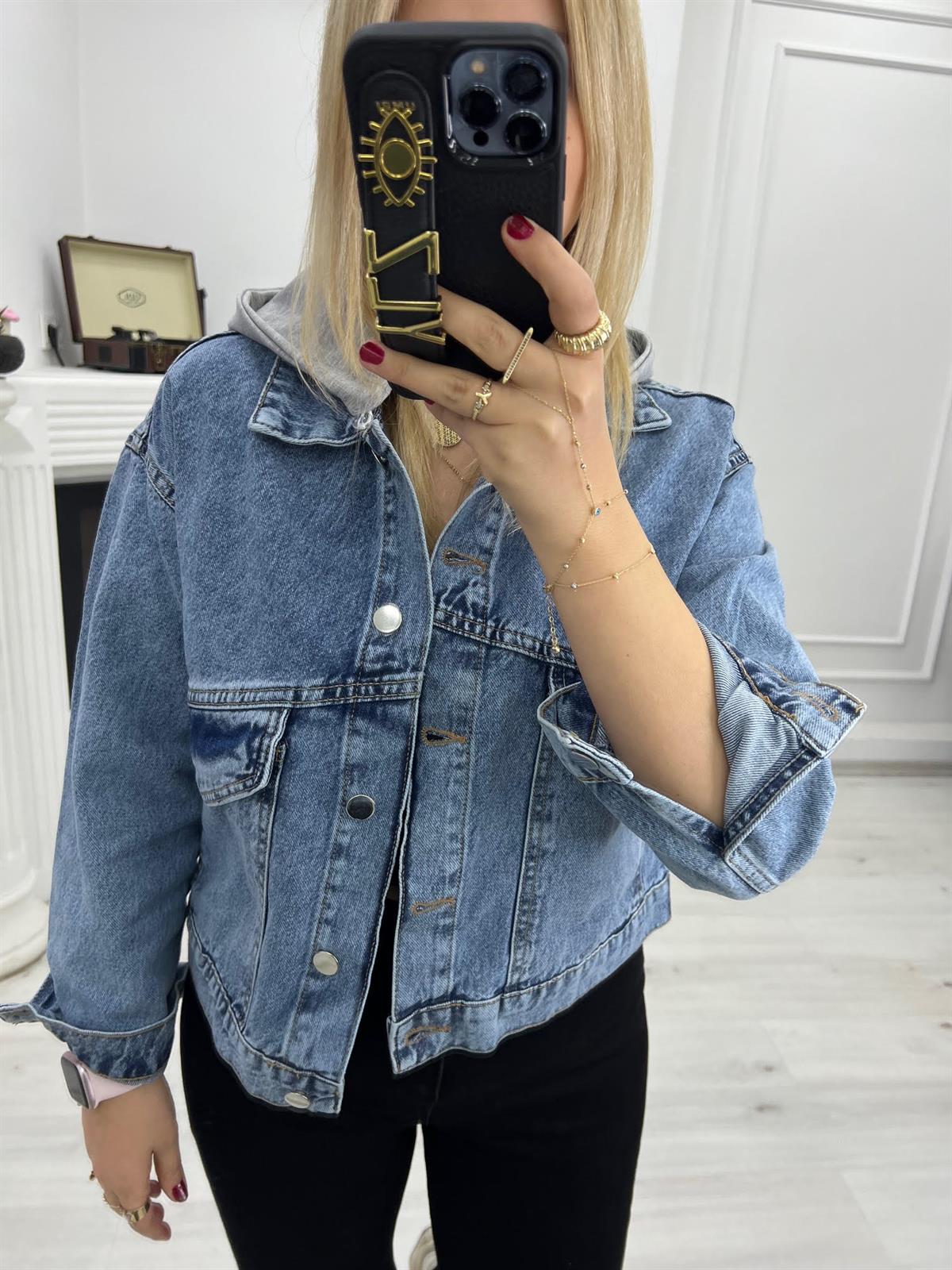 99297 Kapüşonşu Kot Ceket MAVİ
