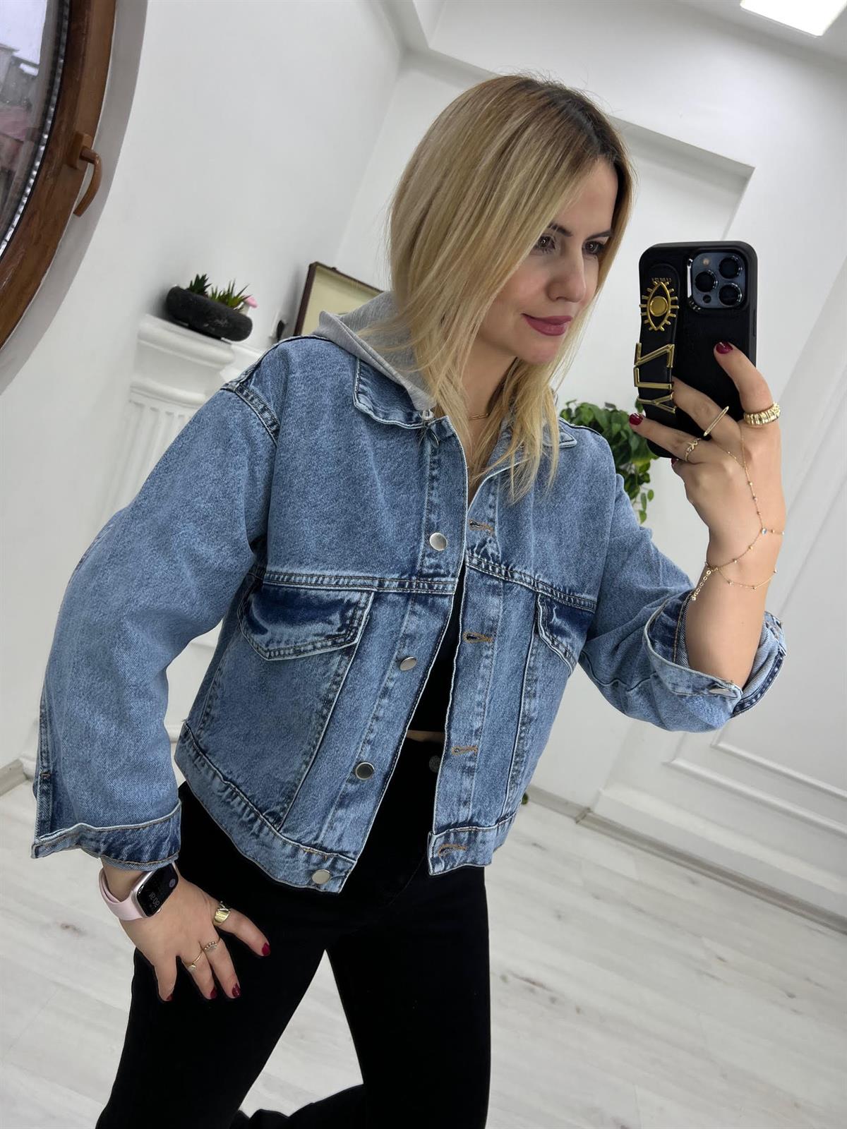 99297 Kapüşonşu Kot Ceket MAVİ
