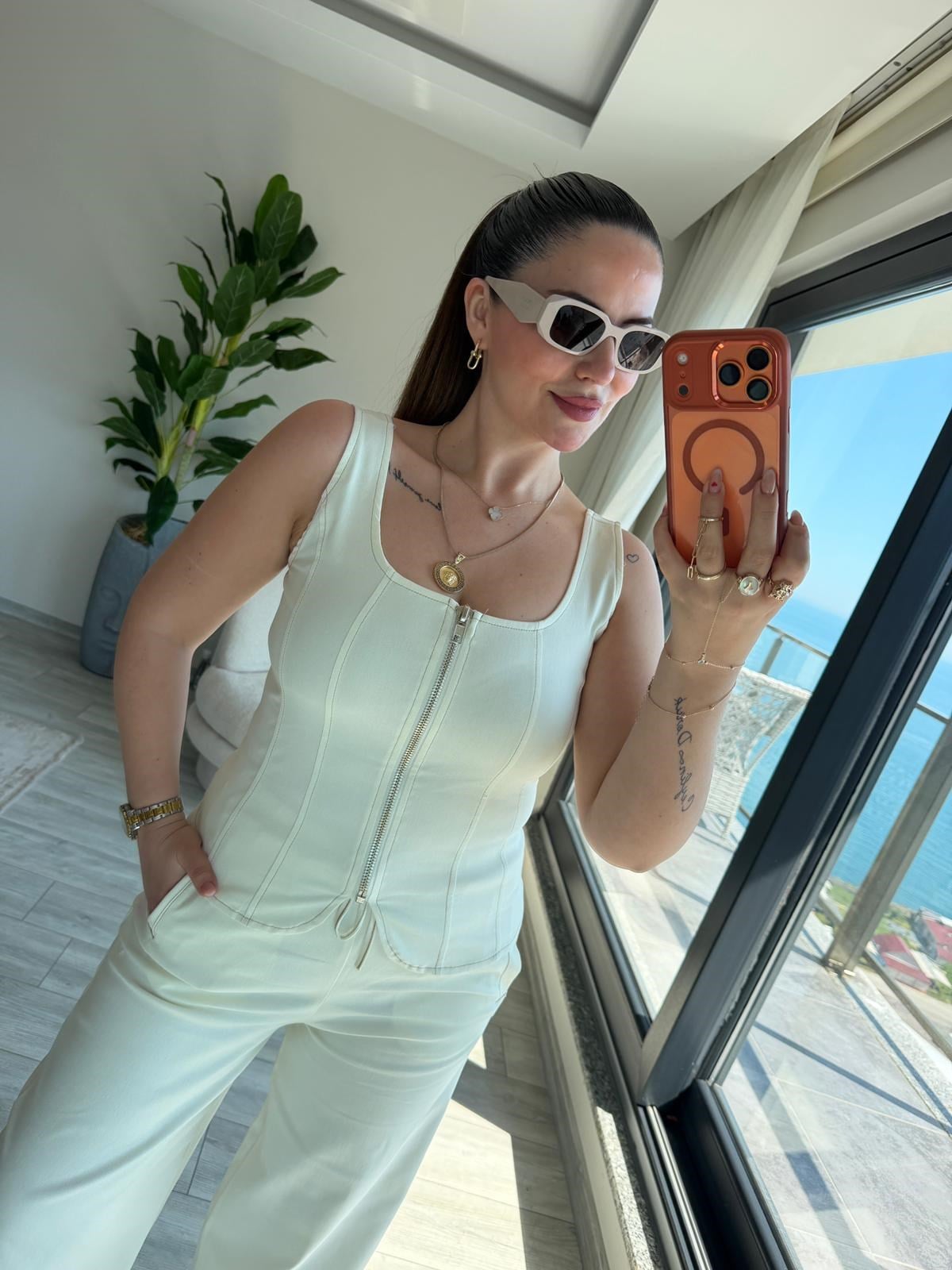 9931 Fermuarlı Bluz EKRU