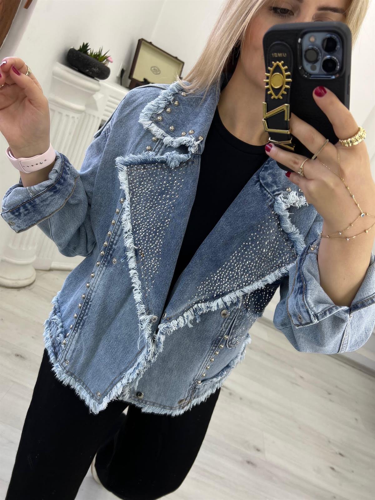 99382 Zımba ve Taş İşlemeli Jean Ceket MAVİ