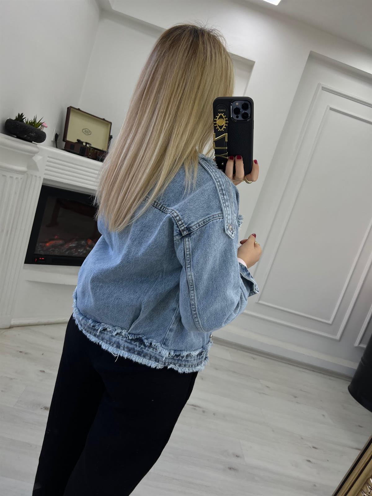 99382 Zımba ve Taş İşlemeli Jean Ceket MAVİ