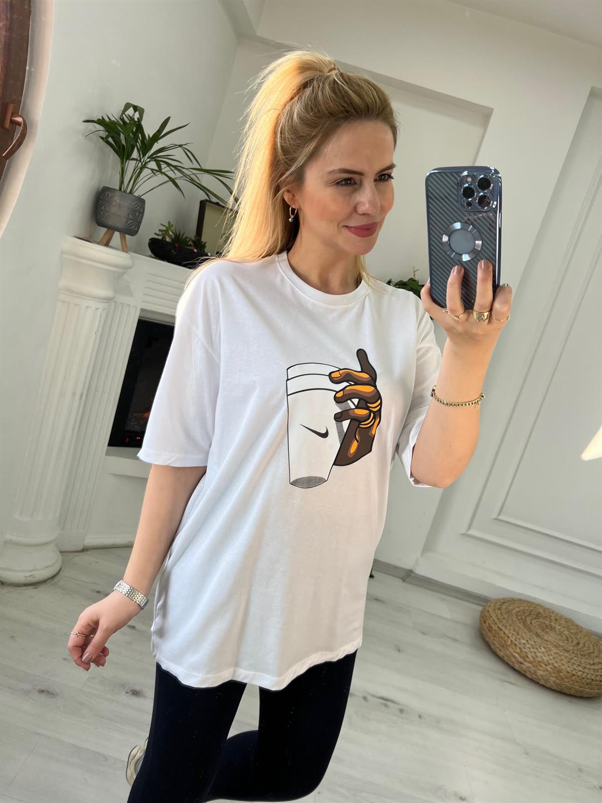 Bardak Baskılı Tshirt BEYAZ