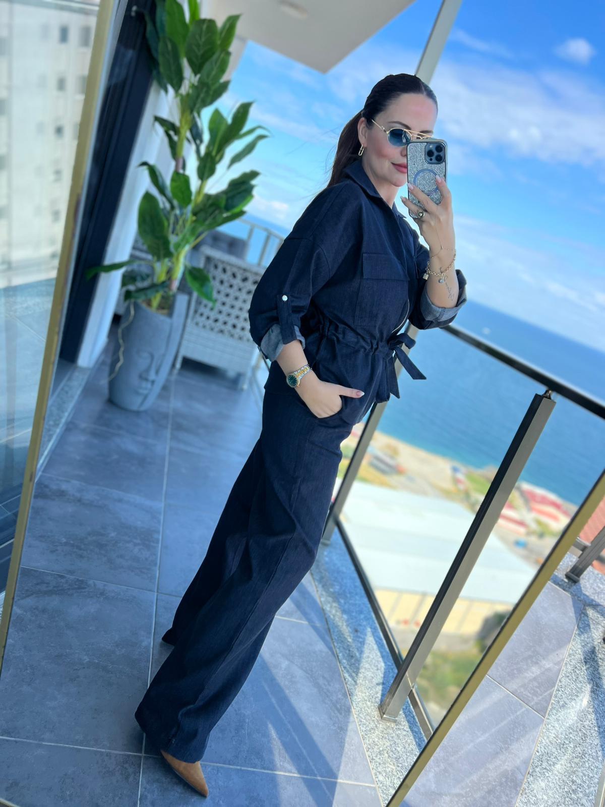 Beli Kordonlu Denim Takım LACİVERT