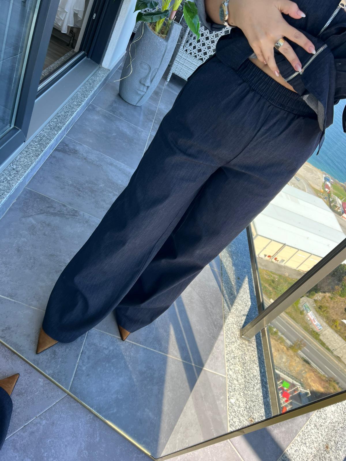 Beli Kordonlu Denim Takım LACİVERT