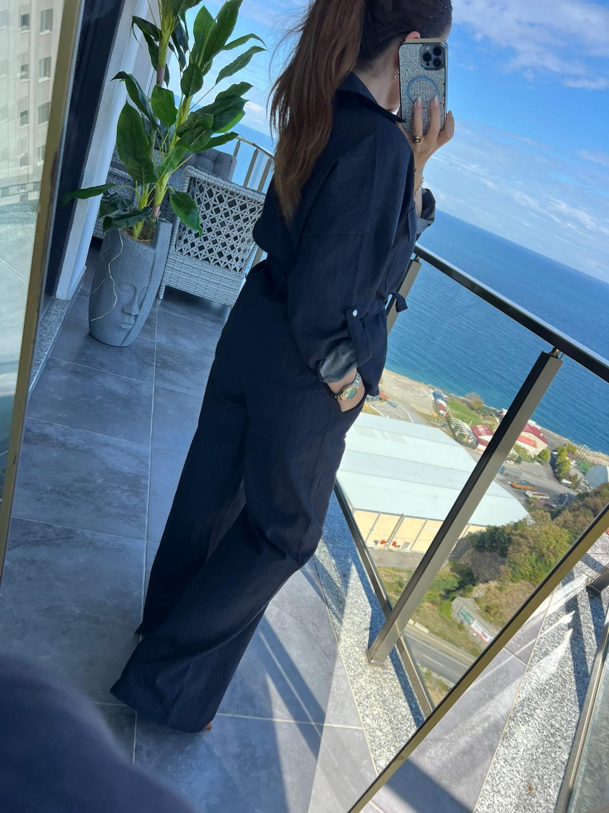 Beli Kordonlu Denim Takım LACİVERT