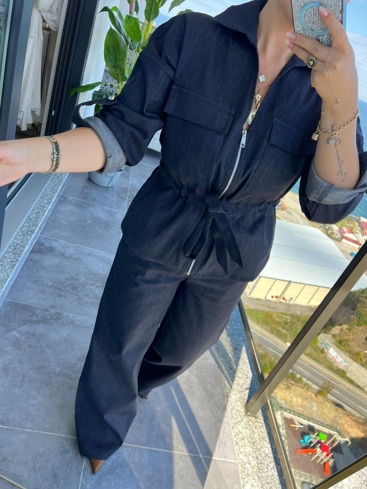 Beli Kordonlu Denim Takım LACİVERT