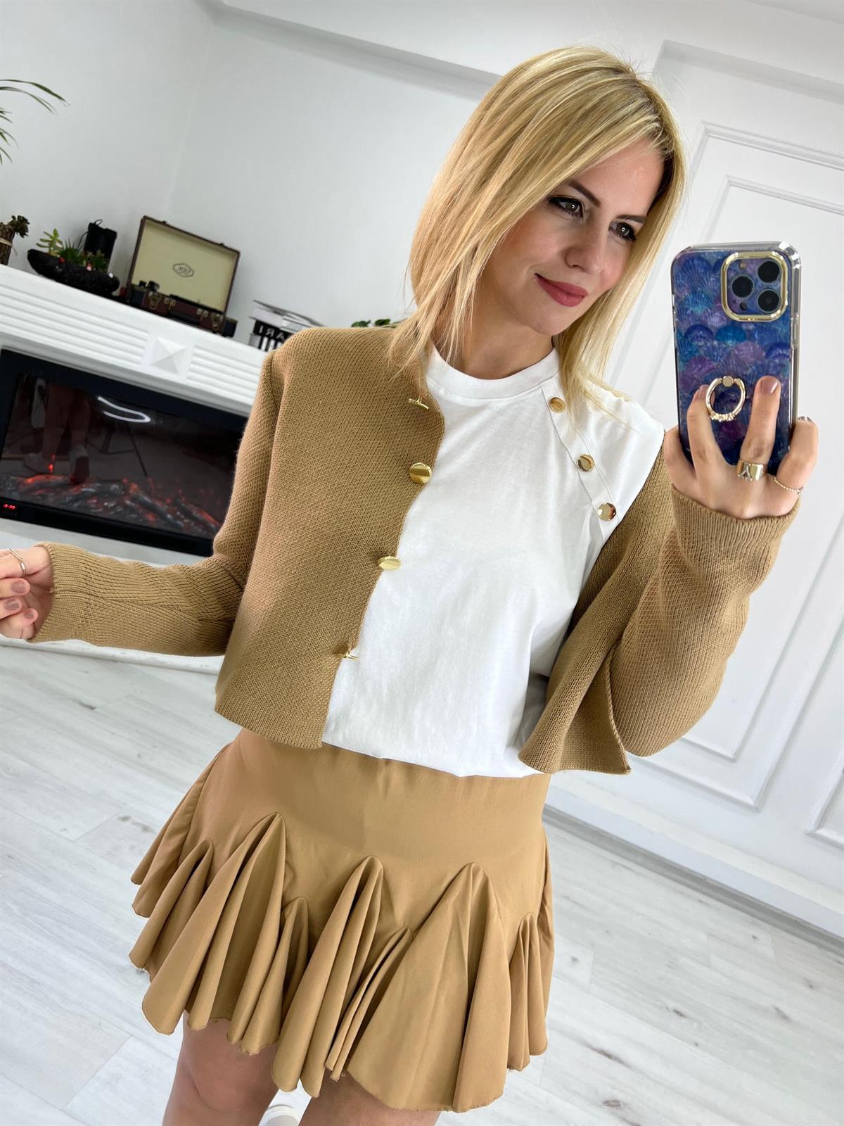 Bisiklet Yaka Düğmeli Kısa Hırka CAPPUCINO